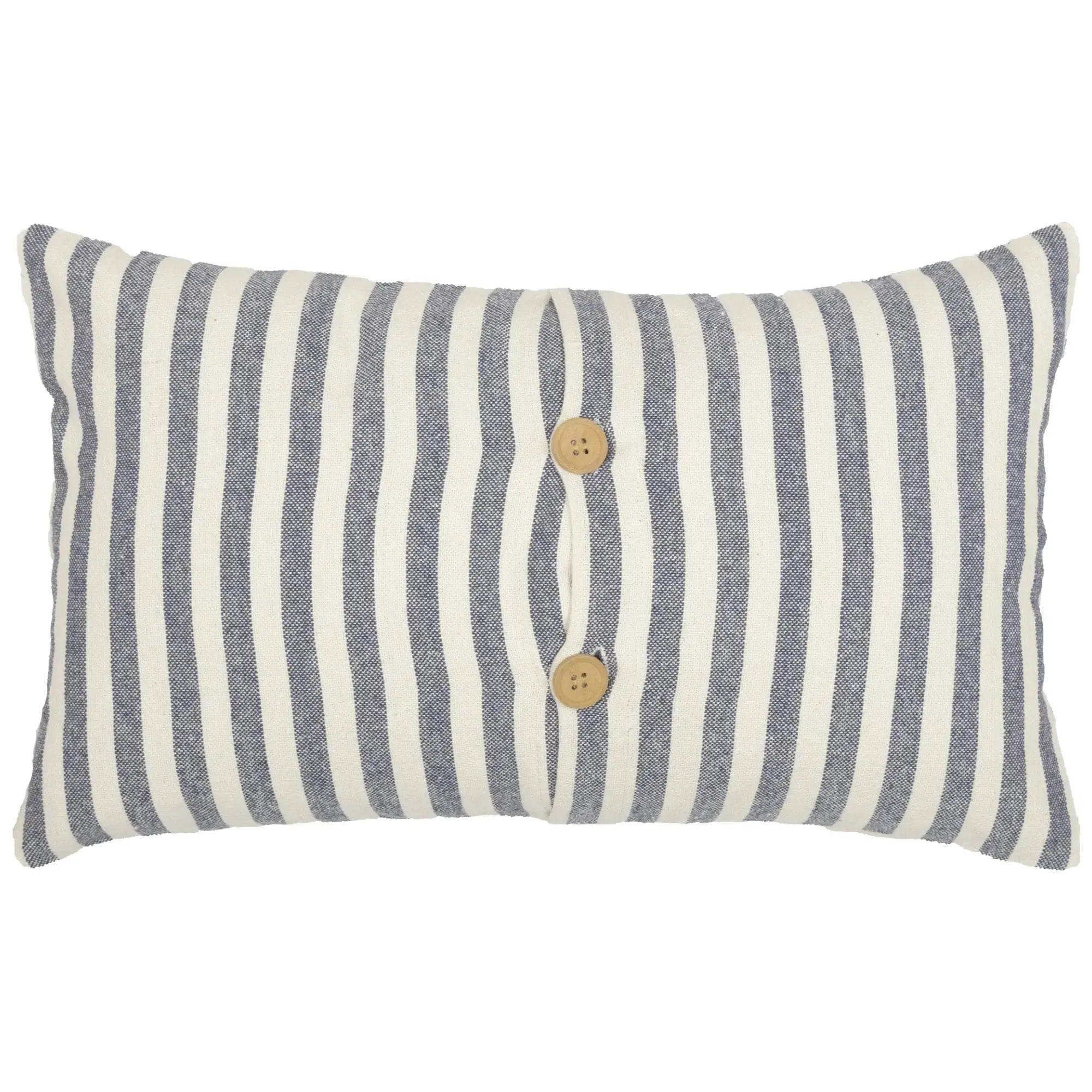 Blue and white striped farmhouse pillow with wooden buttons for cozy cottage decor