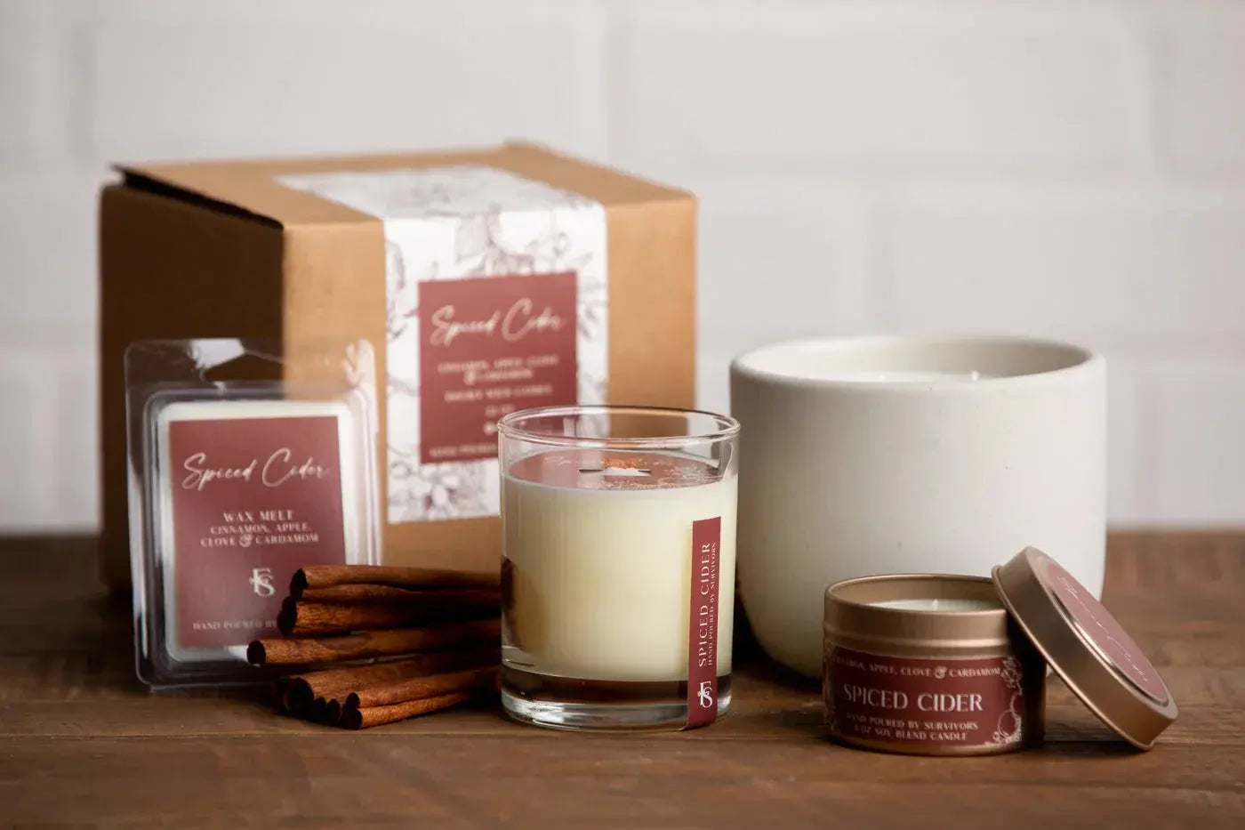 Spiced Cider soy candle set with wax melts, cinnamon sticks, and gift box for cozy farmhouse home decor