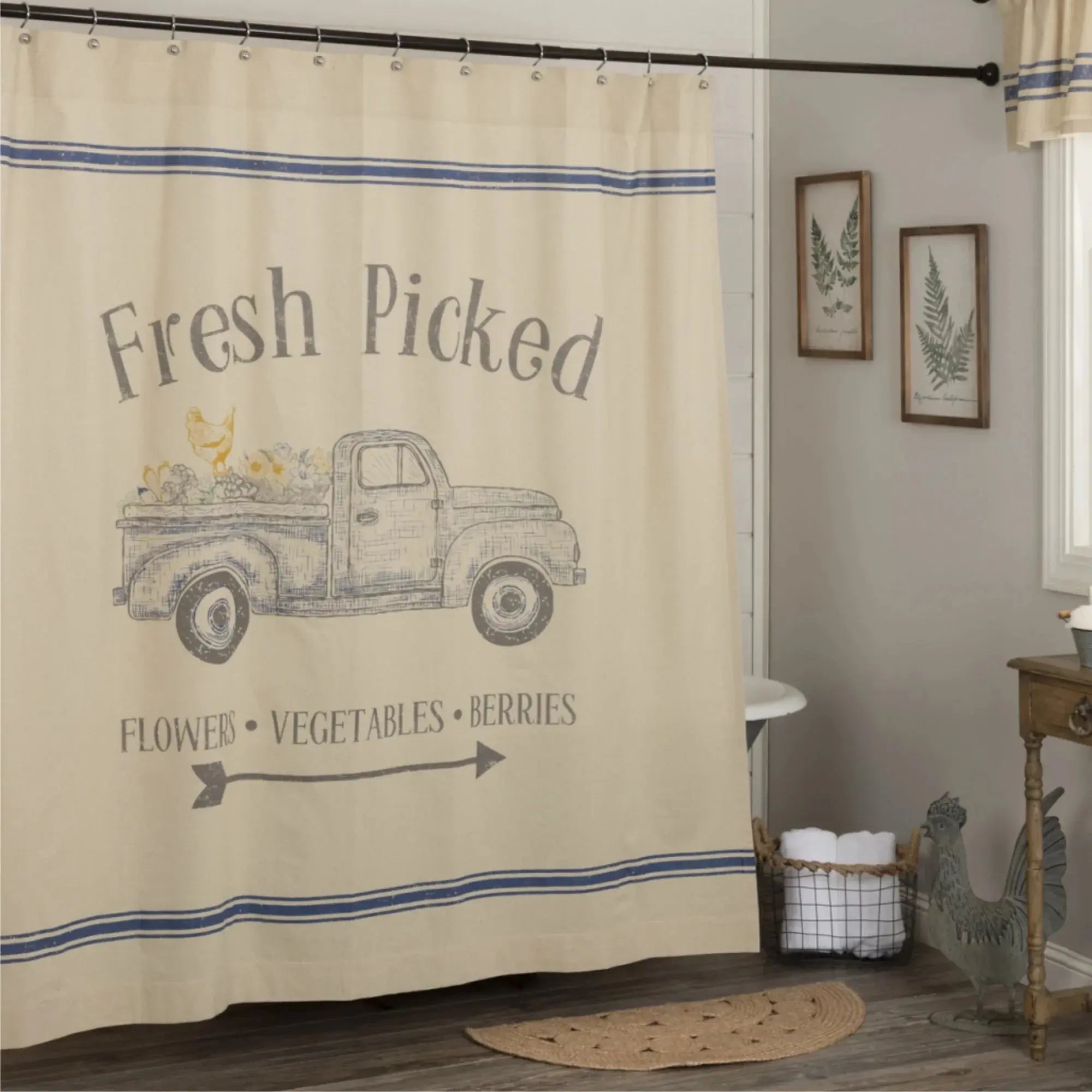 Farmhouse shower curtain with vintage truck design, 'Fresh Picked' text, and blue stripes for cozy bathroom decor