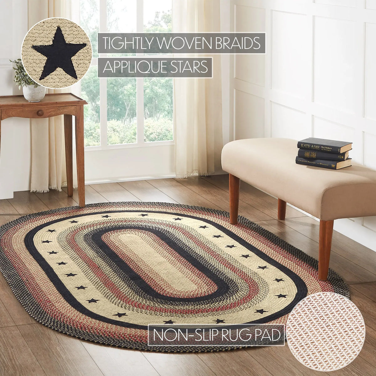 An oval braided area rug with concentric bands of beige, black, and muted red, featuring small black star appliques. The rug is styled in a bright room with a window, bench, and side table, with text overlays highlighting the braided star detail and the included non-slip rug pad.