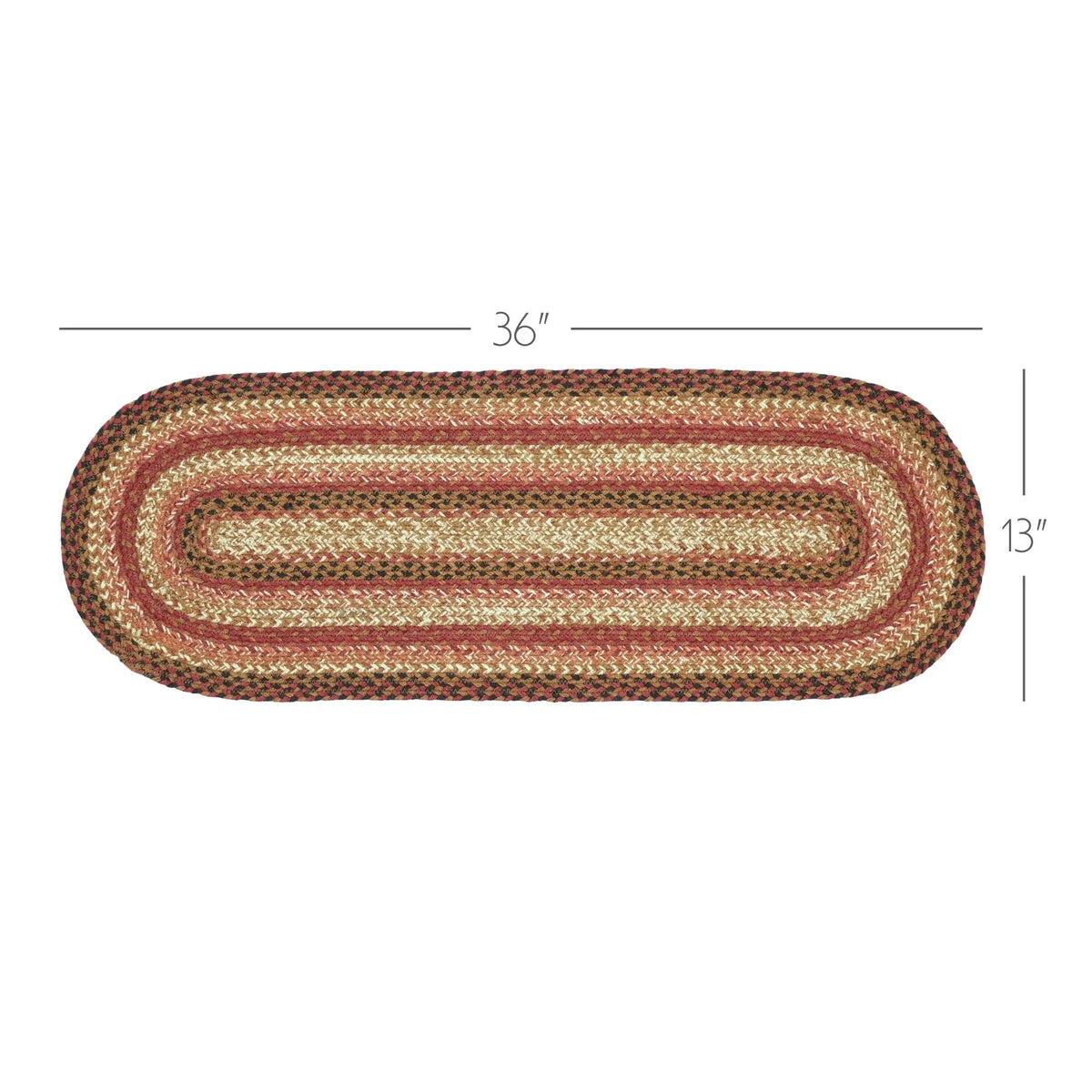 Braided rug with dimensions 36" x 13" on a white background