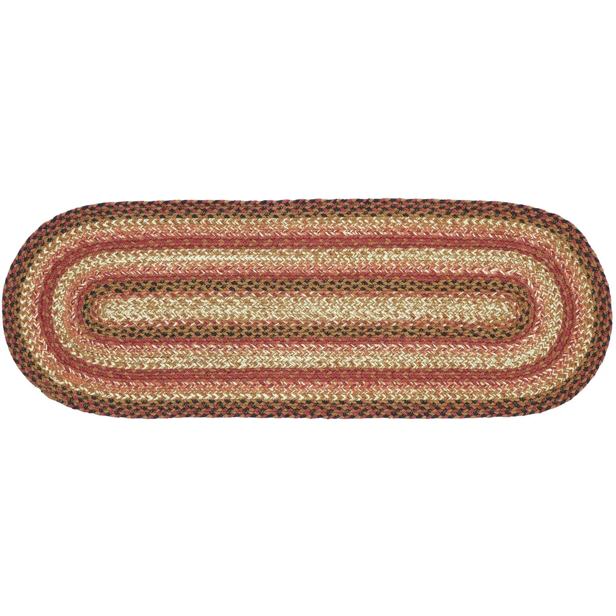 An oval braided rug with concentric stripes of rust red, tan, olive green, and black yarn, shown flat against a white background.