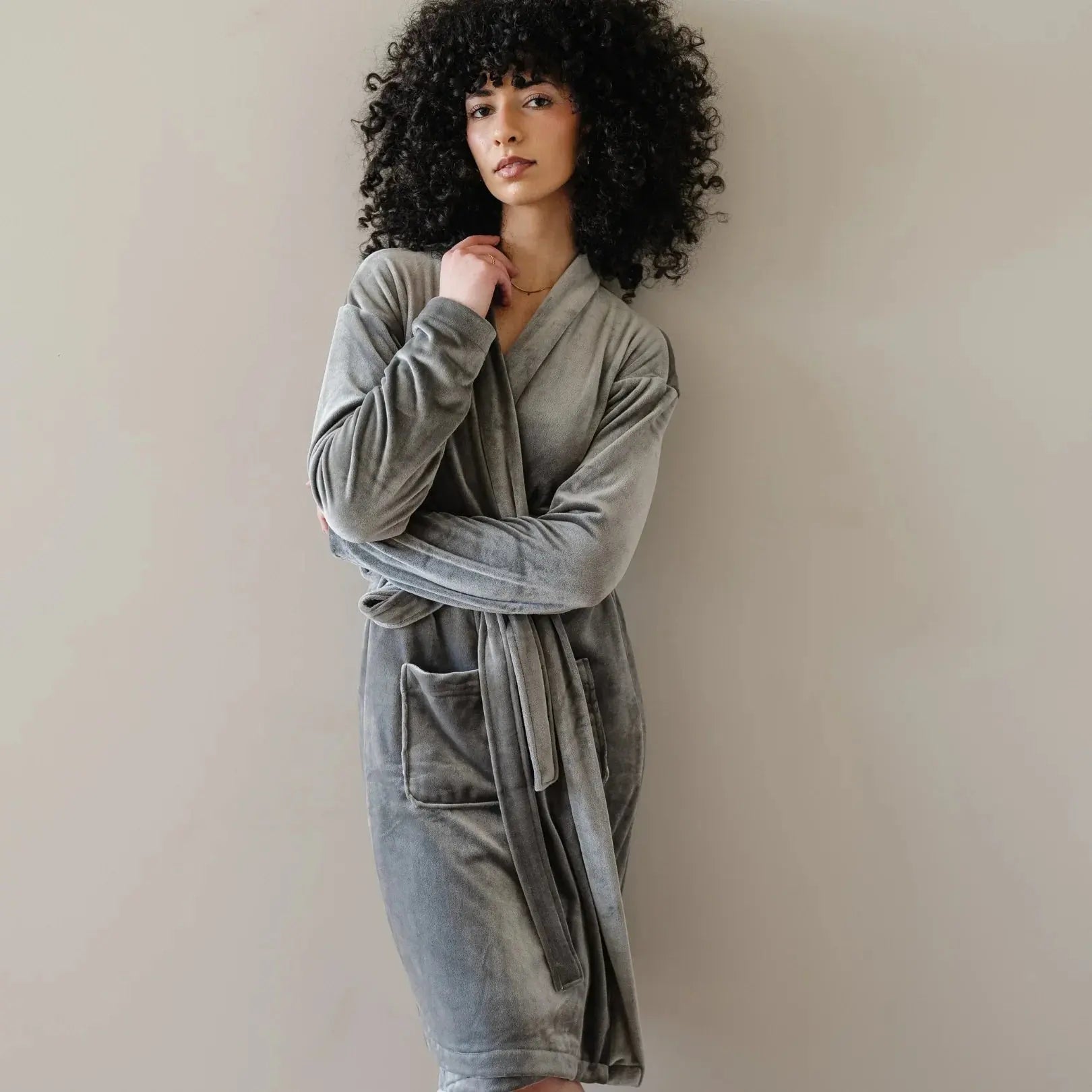 Cozy gray velvet robe with pockets, perfect for farmhouse or cottage style home relaxation and bath essentials.