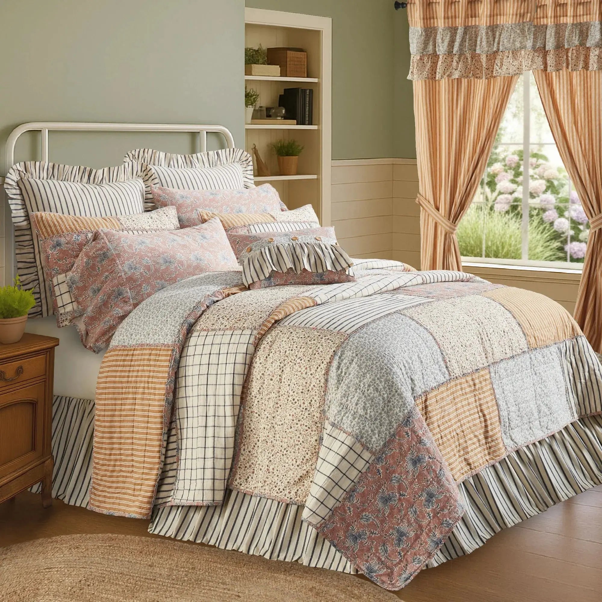 Farmhouse patchwork quilt set with floral and stripe patterns, cozy cottage bedroom decor