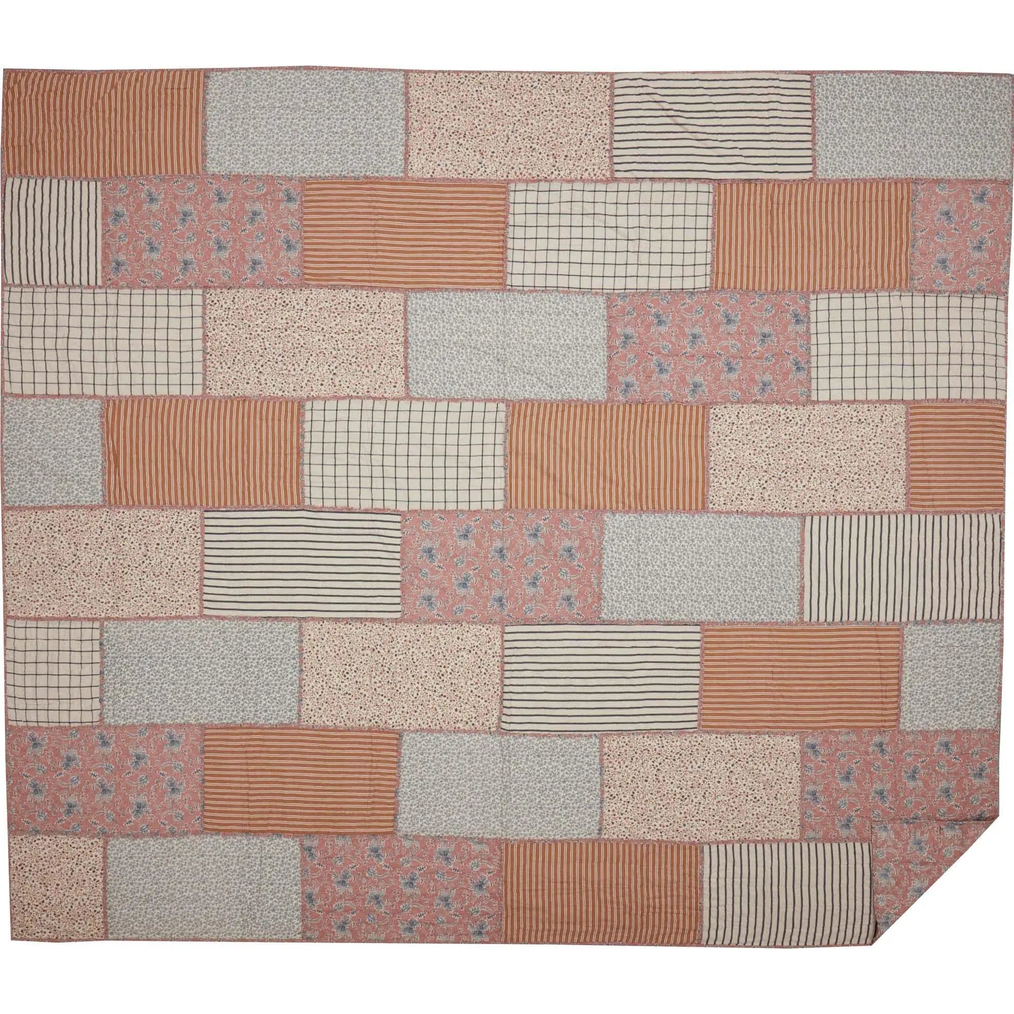 Cozy farmhouse patchwork quilt with rustic stripes, florals, and checks in warm tones for cottage style decor