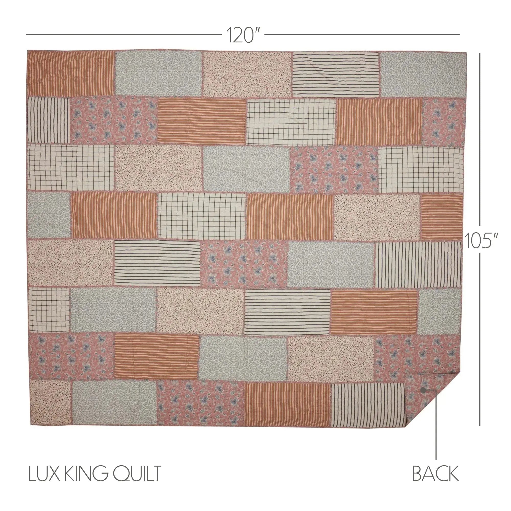 Lux King Quilt with patchwork design in rustic tones, perfect for cozy farmhouse bedding