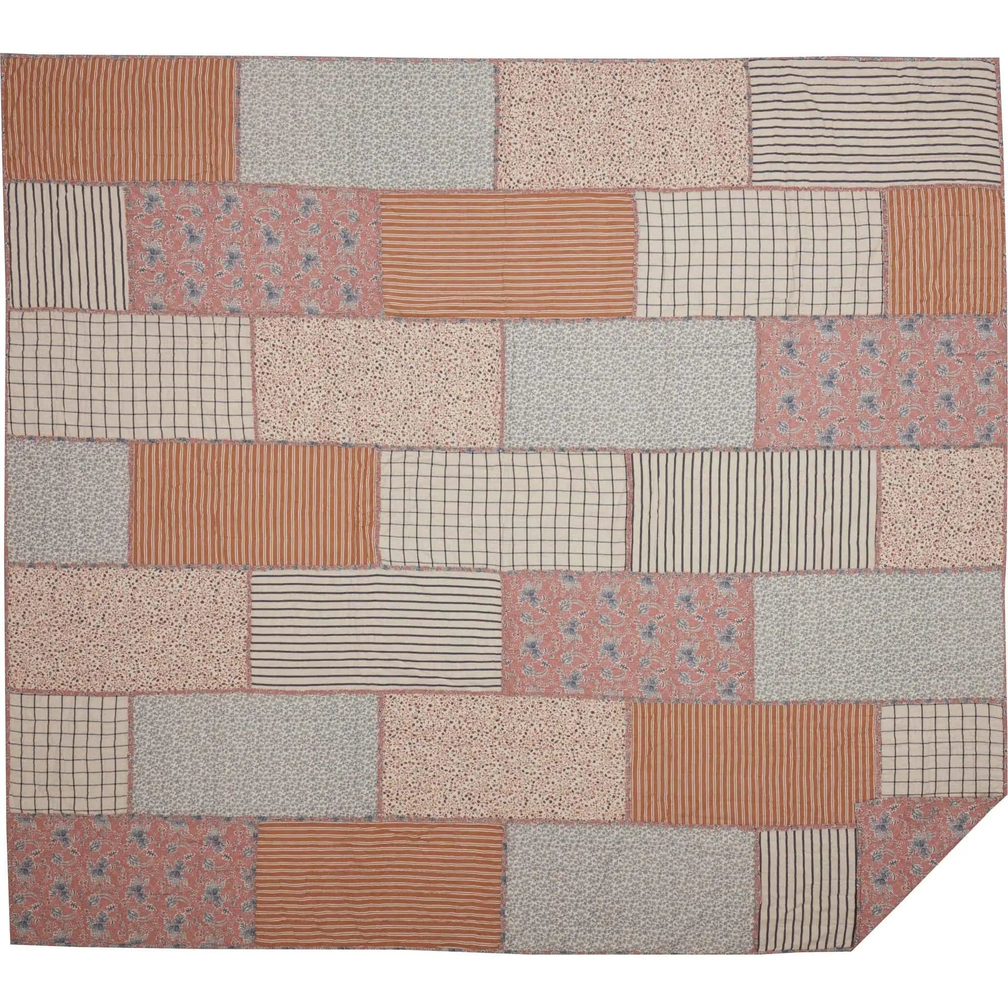 Cozy patchwork quilt with rustic farmhouse patterns in warm tones, perfect for cottage-style home decor