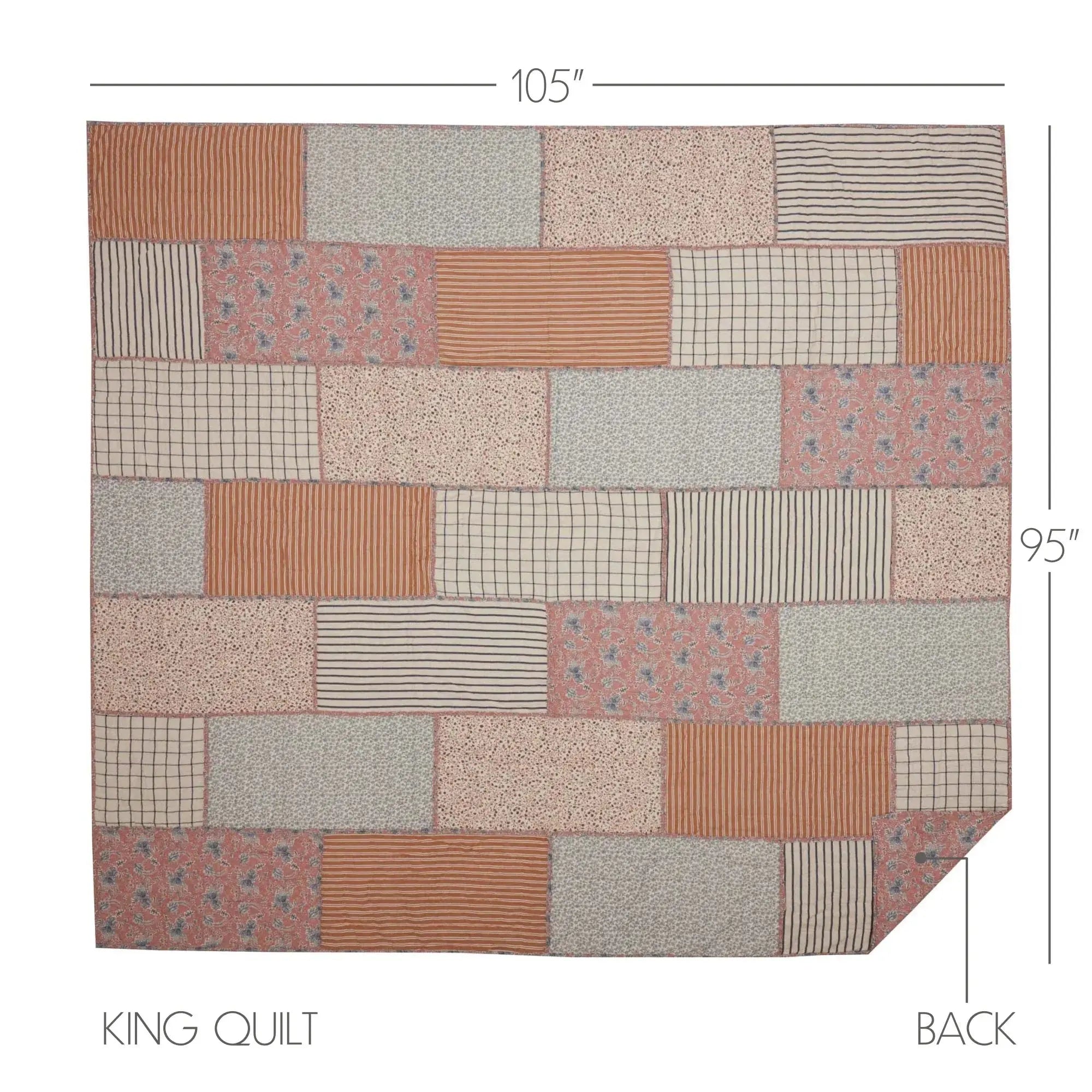 King size patchwork quilt with rustic farmhouse patterns in warm tones, 105x95 inches