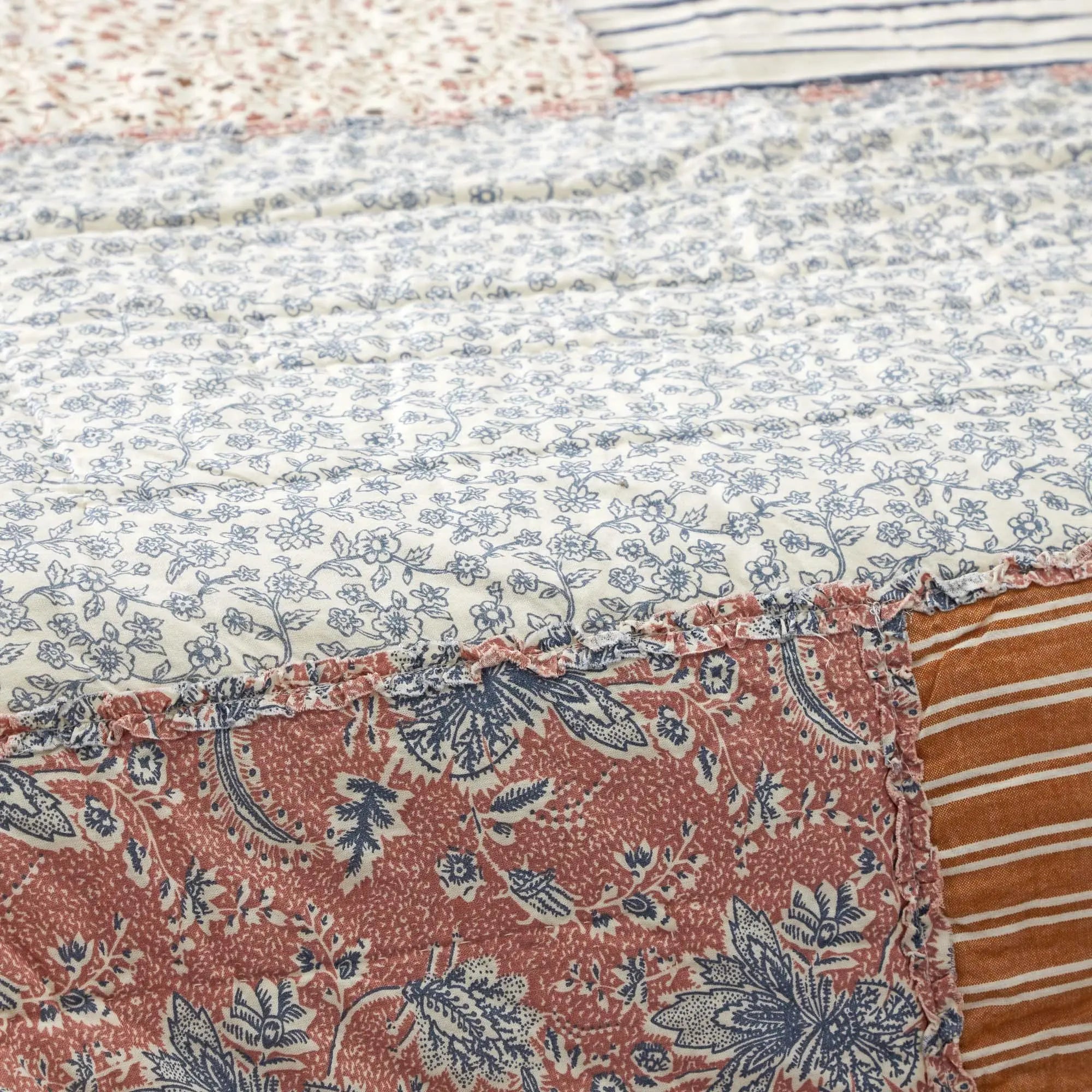 Farmhouse patchwork quilt with floral and stripe patterns, cozy cottage style bedding