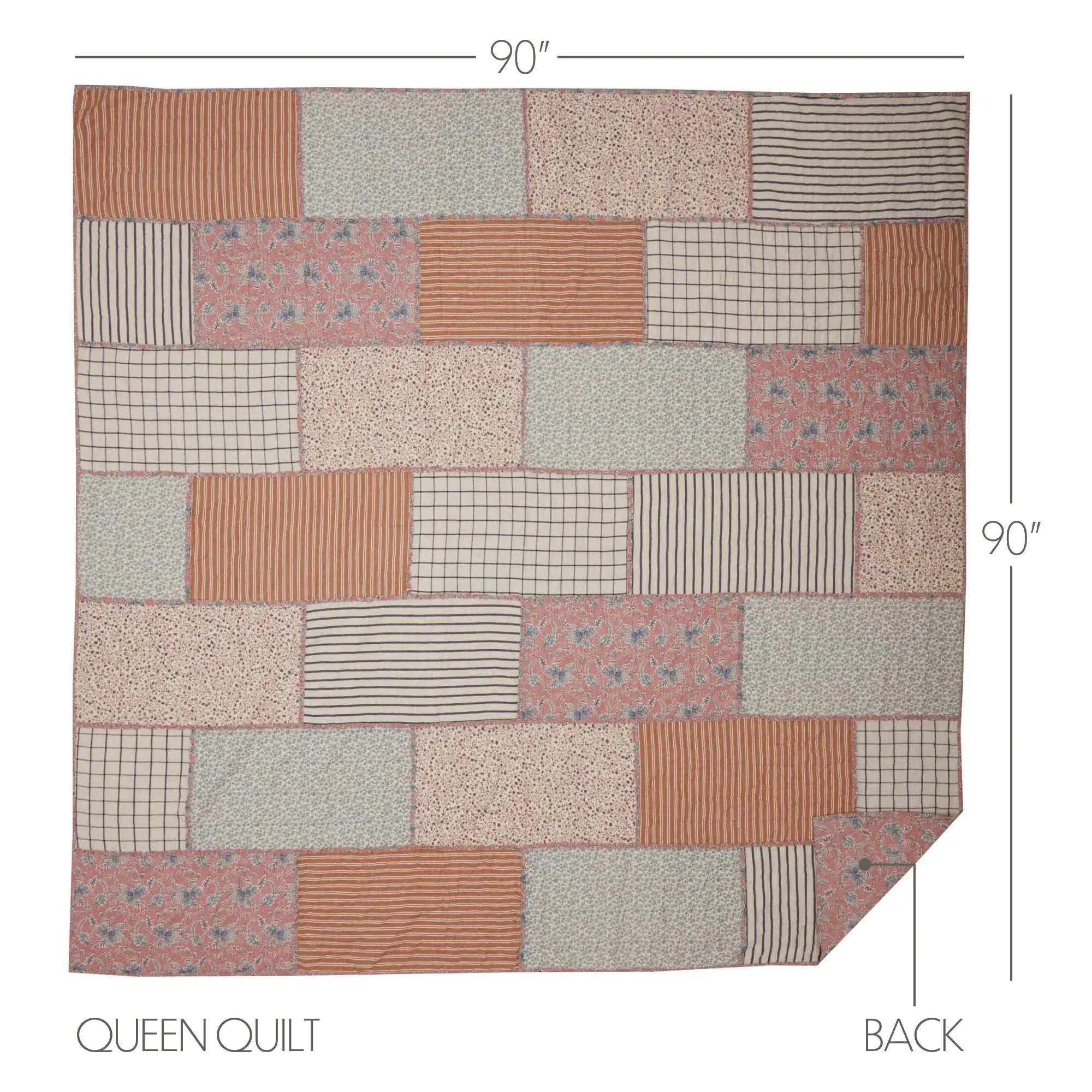 Queen patchwork quilt with farmhouse patterns, 90x90 inches, cozy cottage style bedding