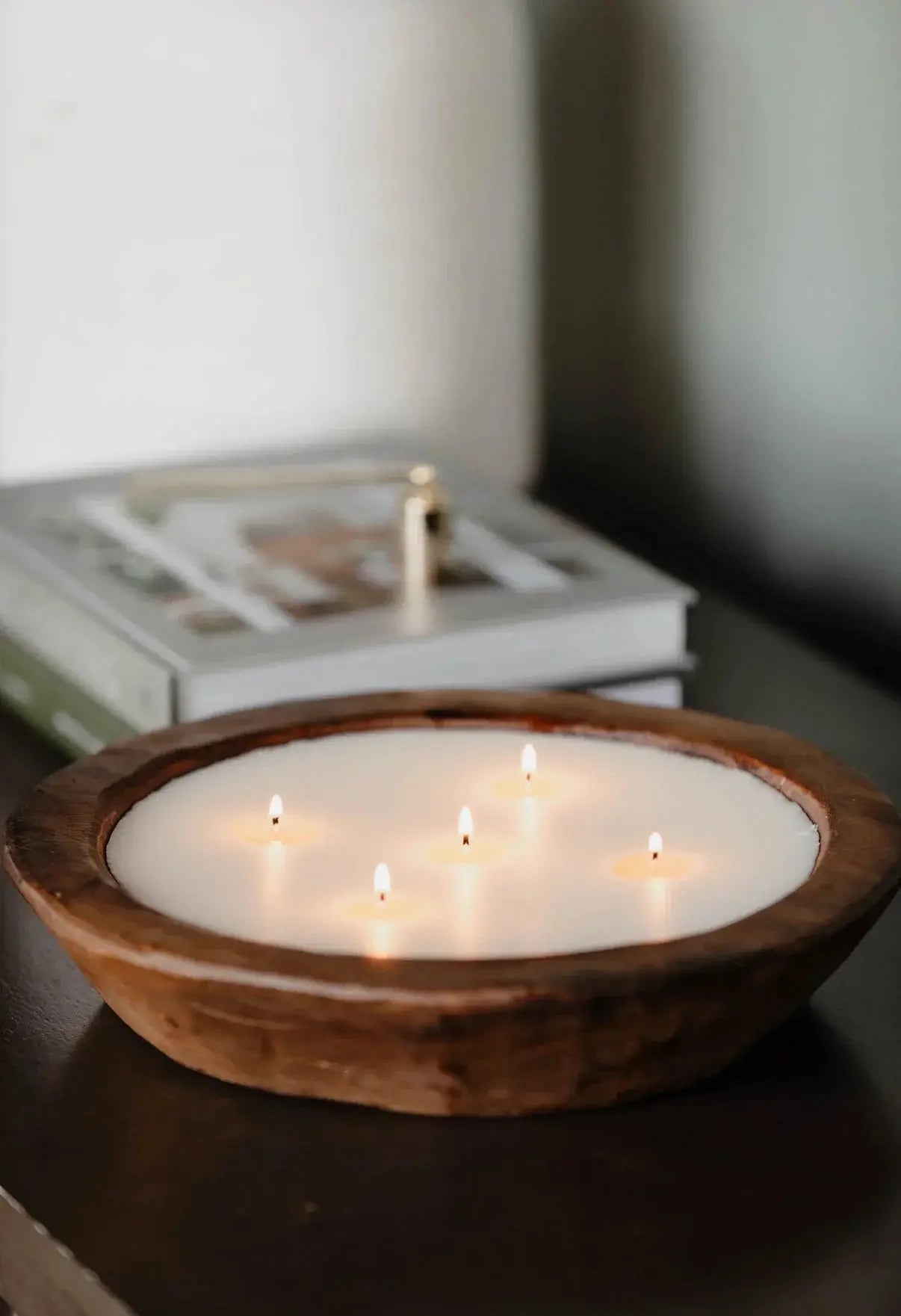 Rustic wooden bowl candle with five wicks, cozy farmhouse home decor for warm ambiance