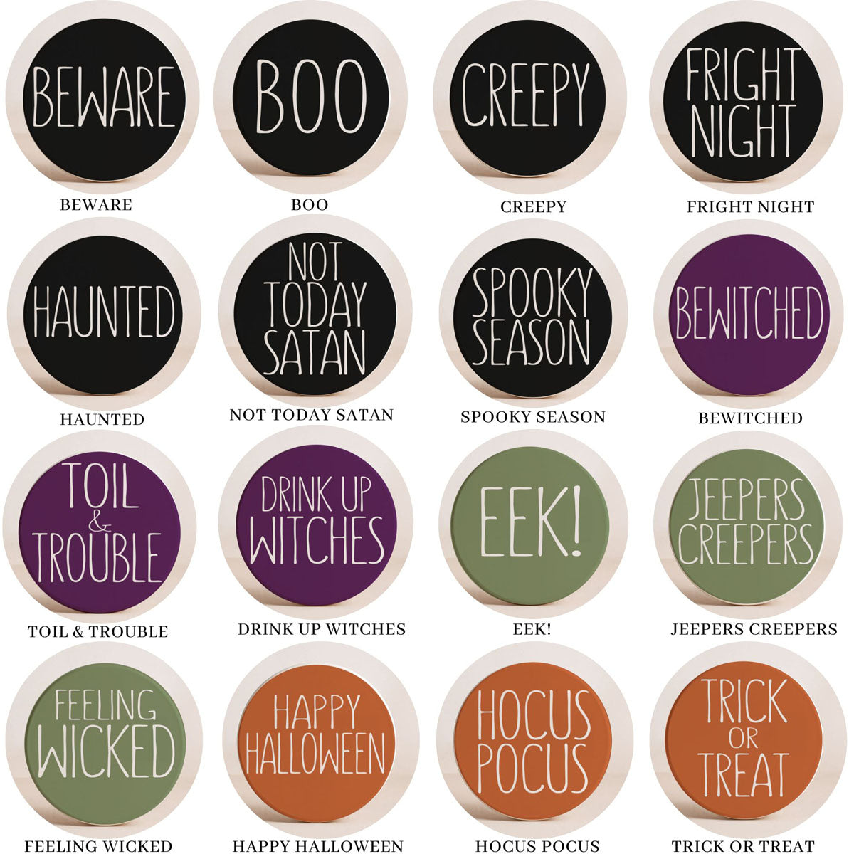 Set of Halloween-themed coasters with various phrases on a white background