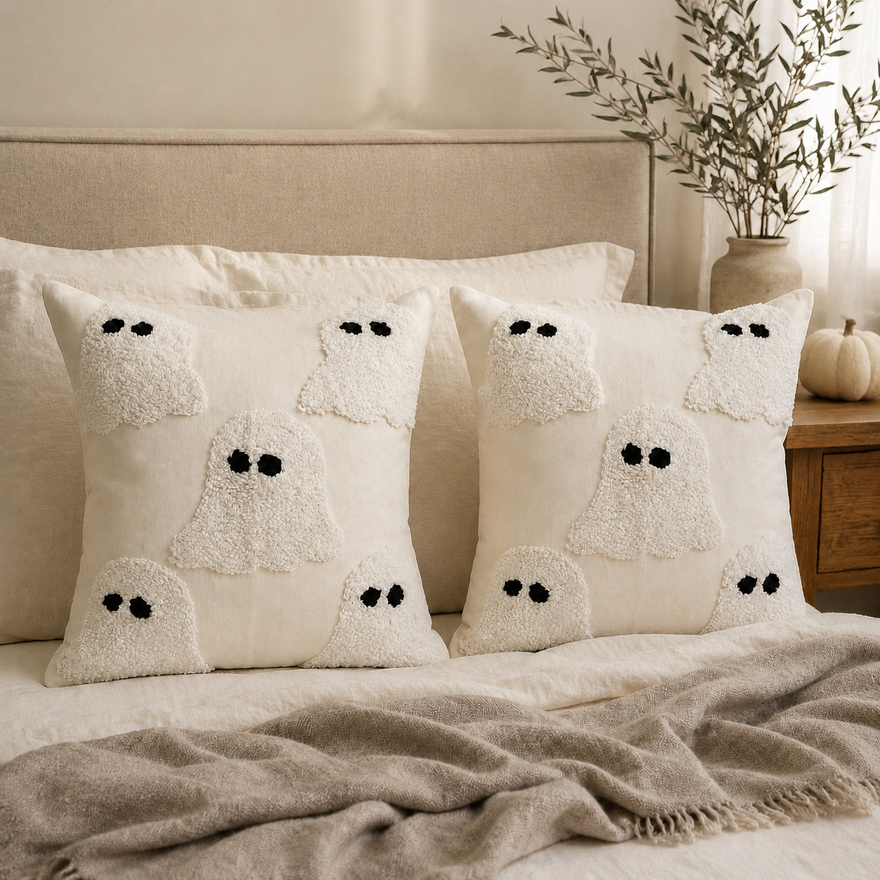 Two cream throw pillows with raised fuzzy ghost motifs and black embroidered eyes, styled on a bed with a beige headboard and neutral blanket.