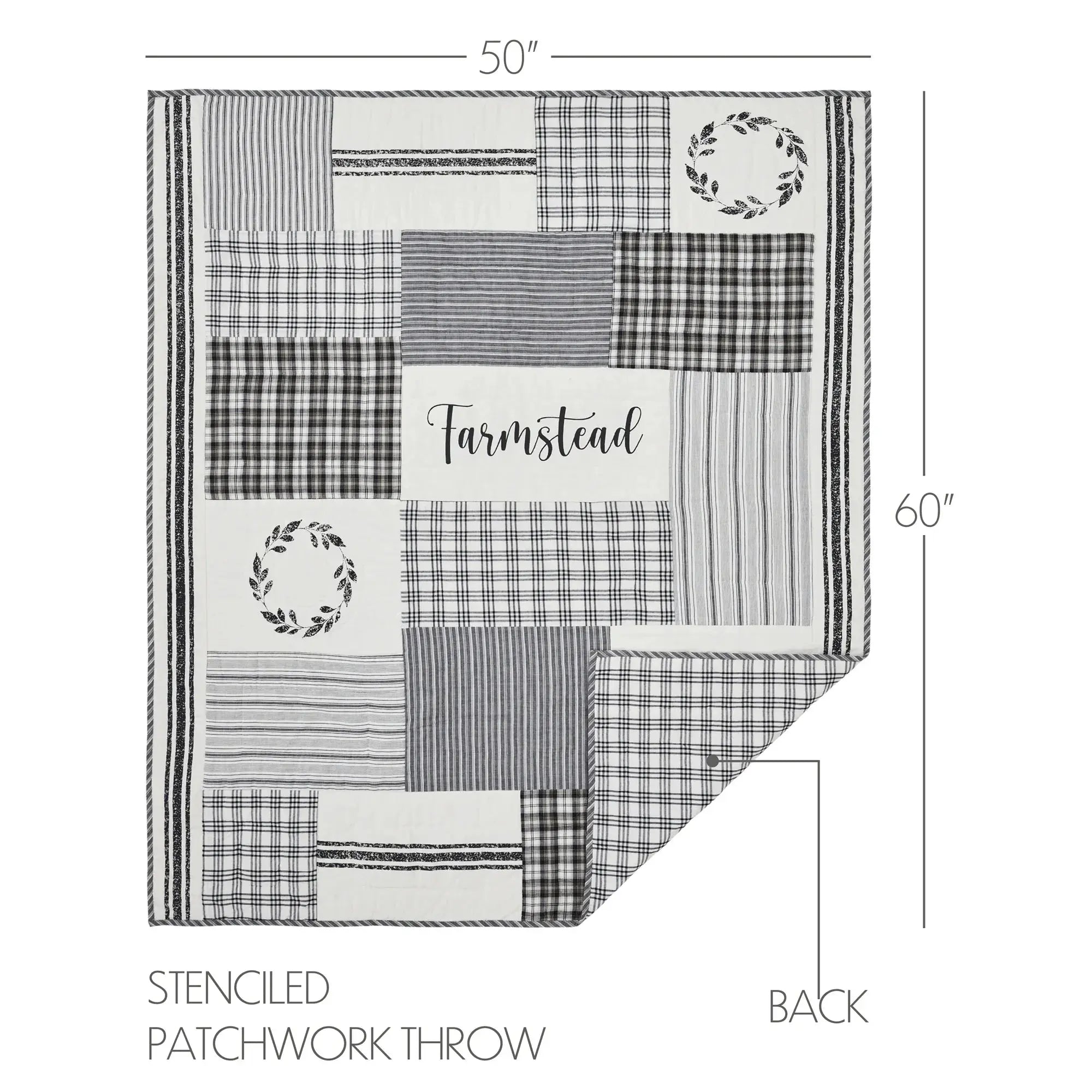 Patchwork throw blanket with 'Farmstead' text and measurements on a white background