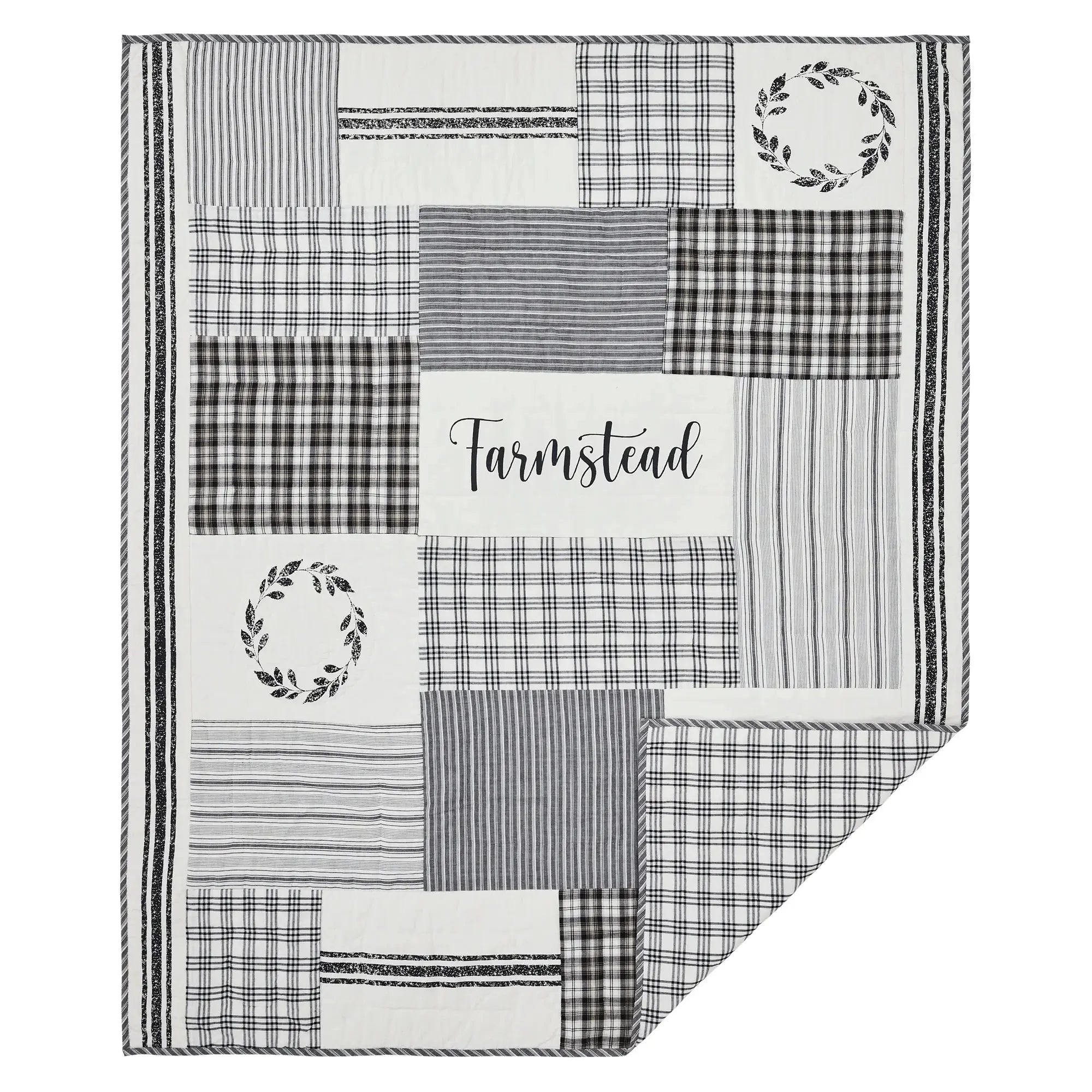 Patchwork blanket with plaid patterns and 'Farmstead' text on a white background