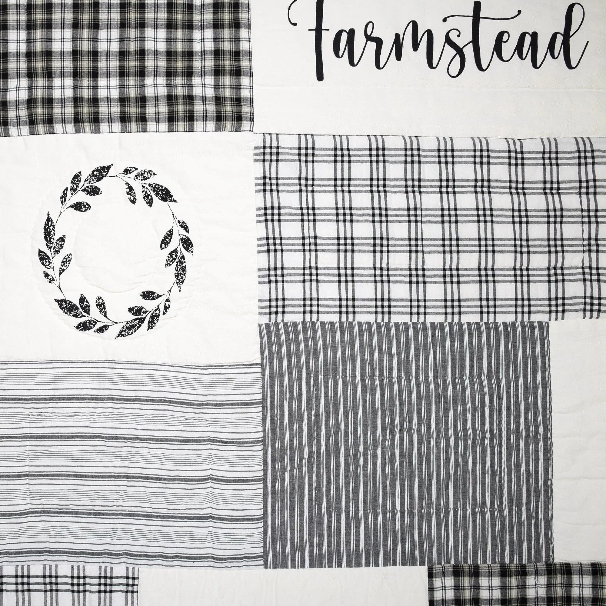 Collage of black and white plaid, striped, and checkered fabrics with 'Farmstead' branding.