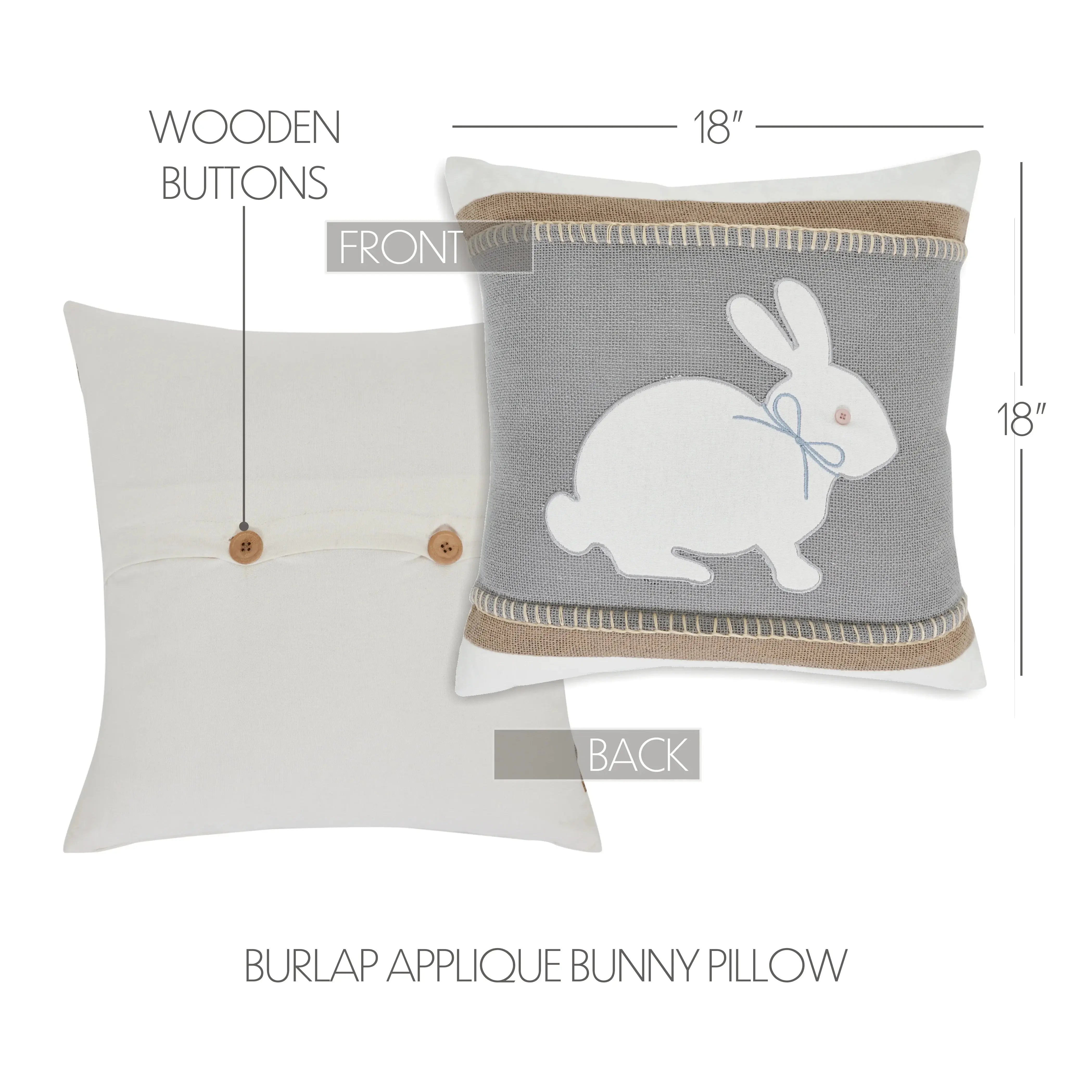 18-inch burlap applique bunny pillow with wooden buttons, farmhouse style home decor