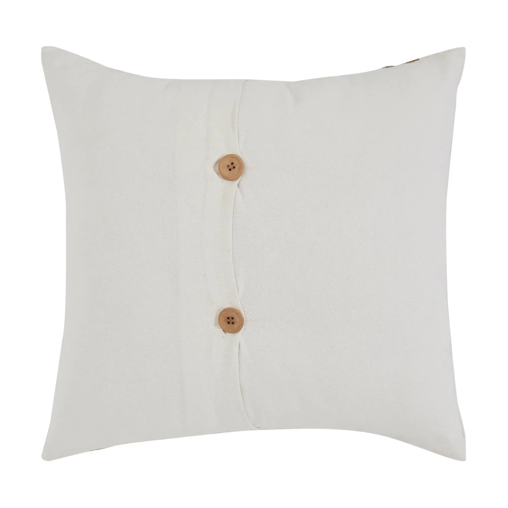 Cream farmhouse throw pillow with wooden buttons, cozy cottage decor accent