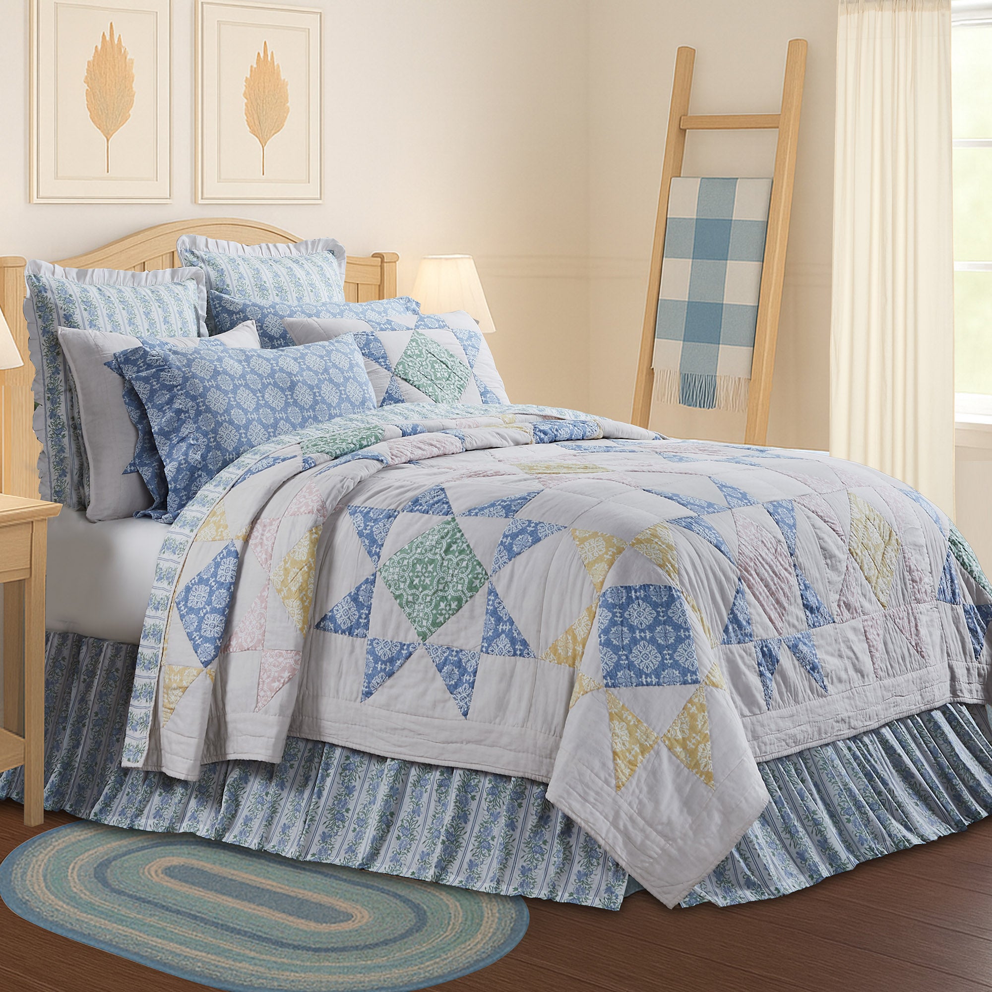 Bedroom with a bed covered in a colorful quilt and pillows, wooden headboard, and decorative elements.