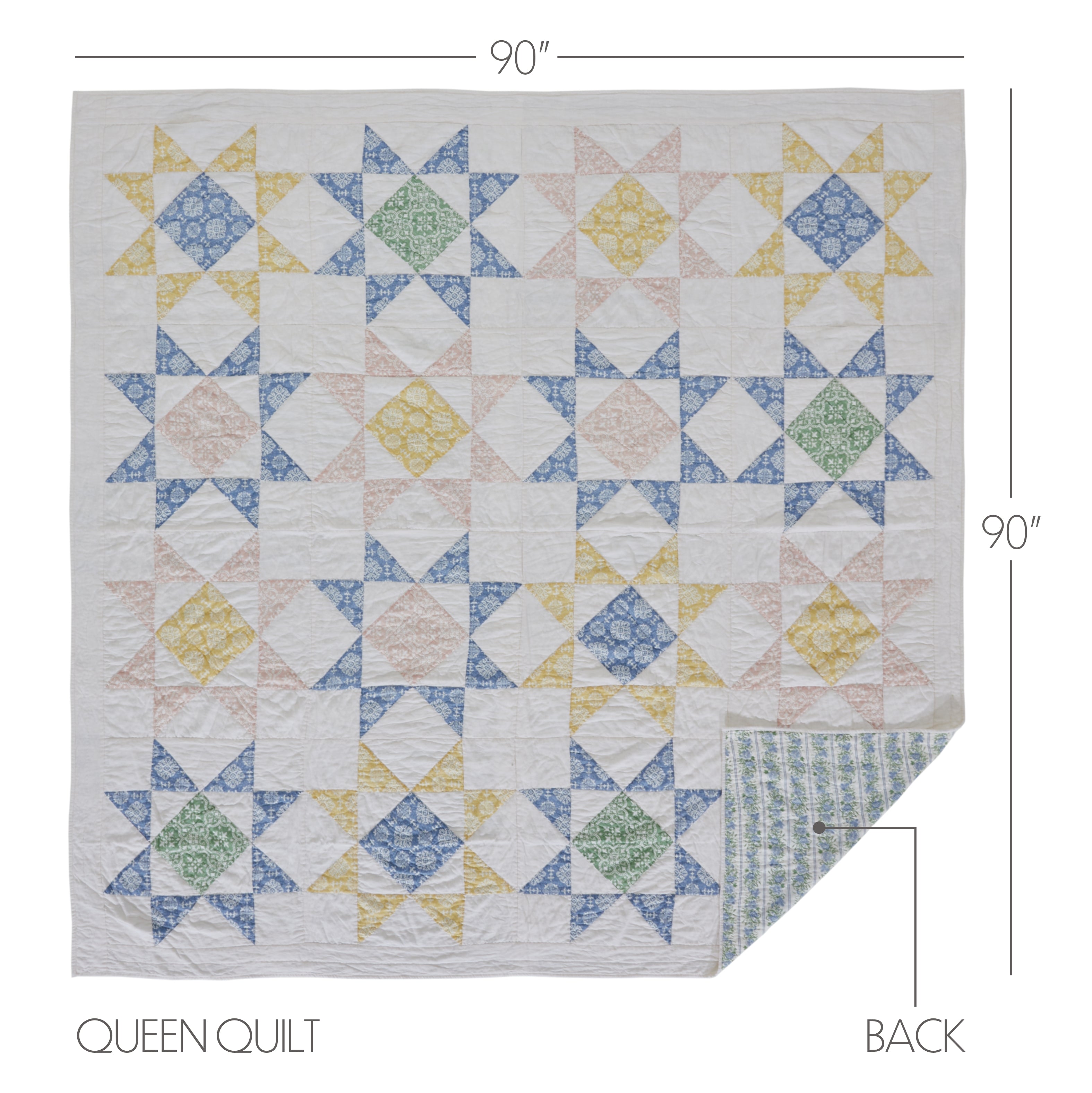 Queen quilt with star pattern and measurements on a white background