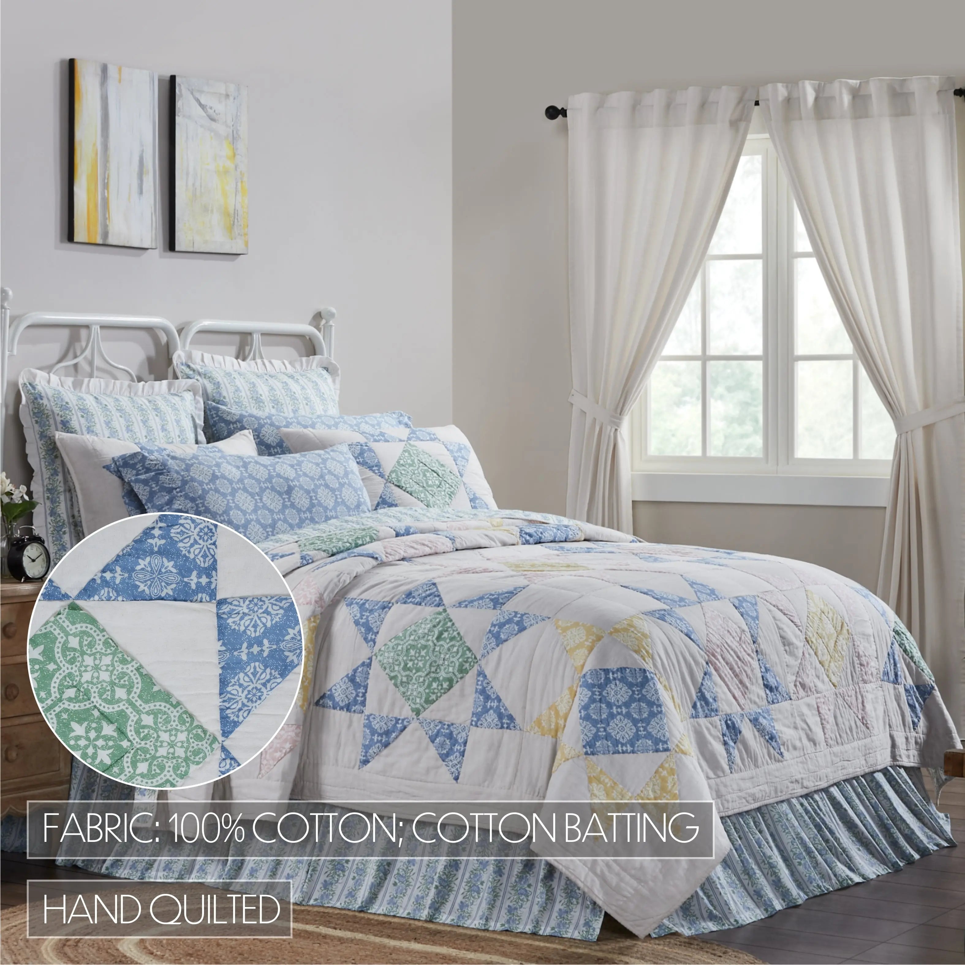 Bedroom with a quilted bedspread featuring star patterns and a close-up of fabric details.