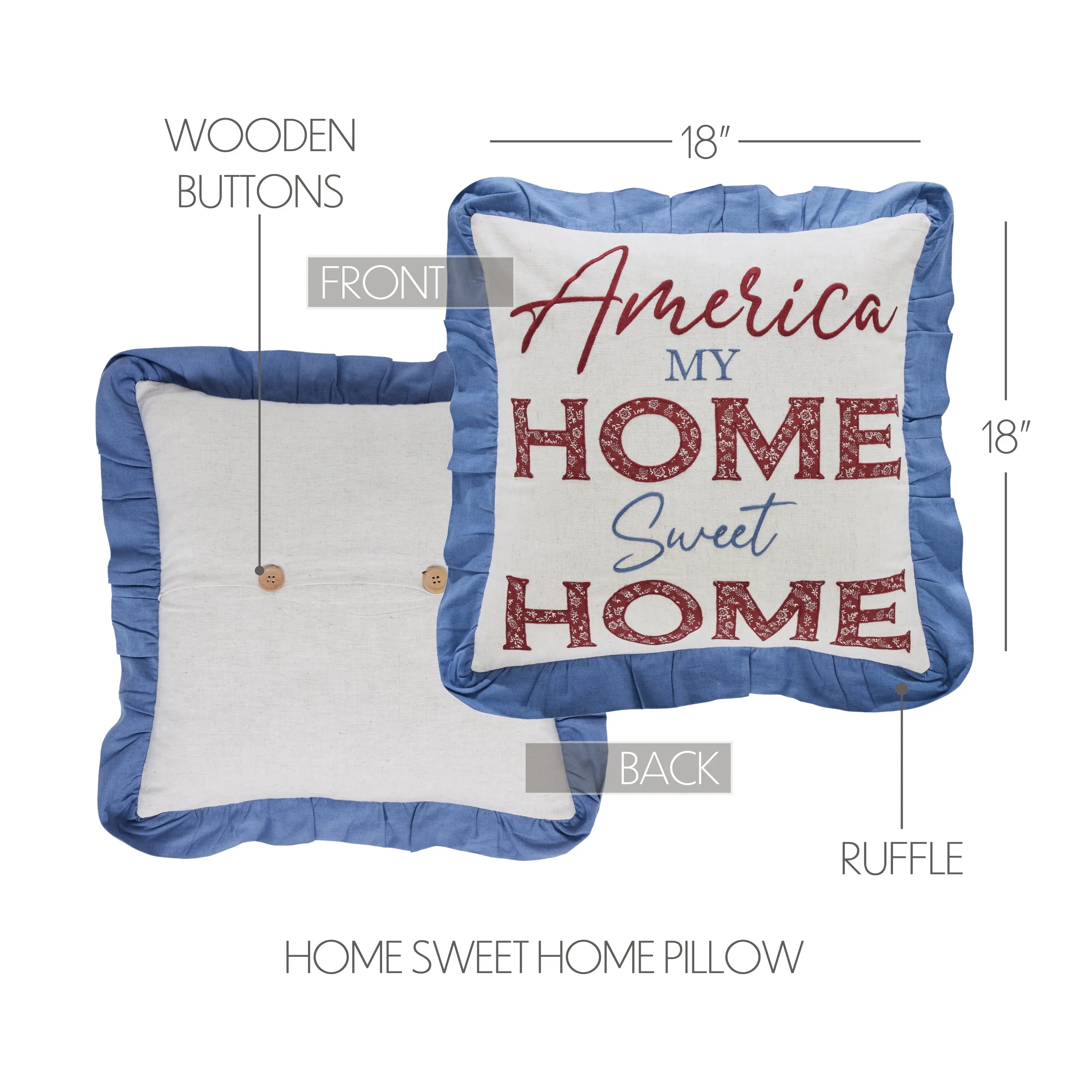 Home sweet home pillow with blue ruffle, wooden buttons, and text on a white background