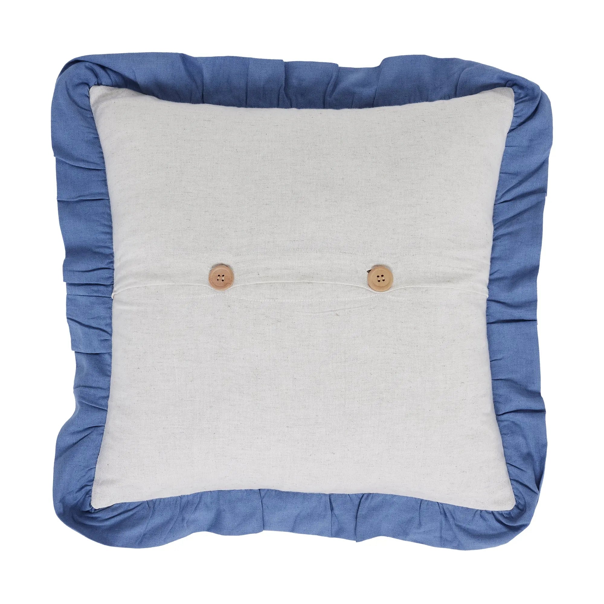 Decorative pillow with blue trim and two wooden buttons on a white background