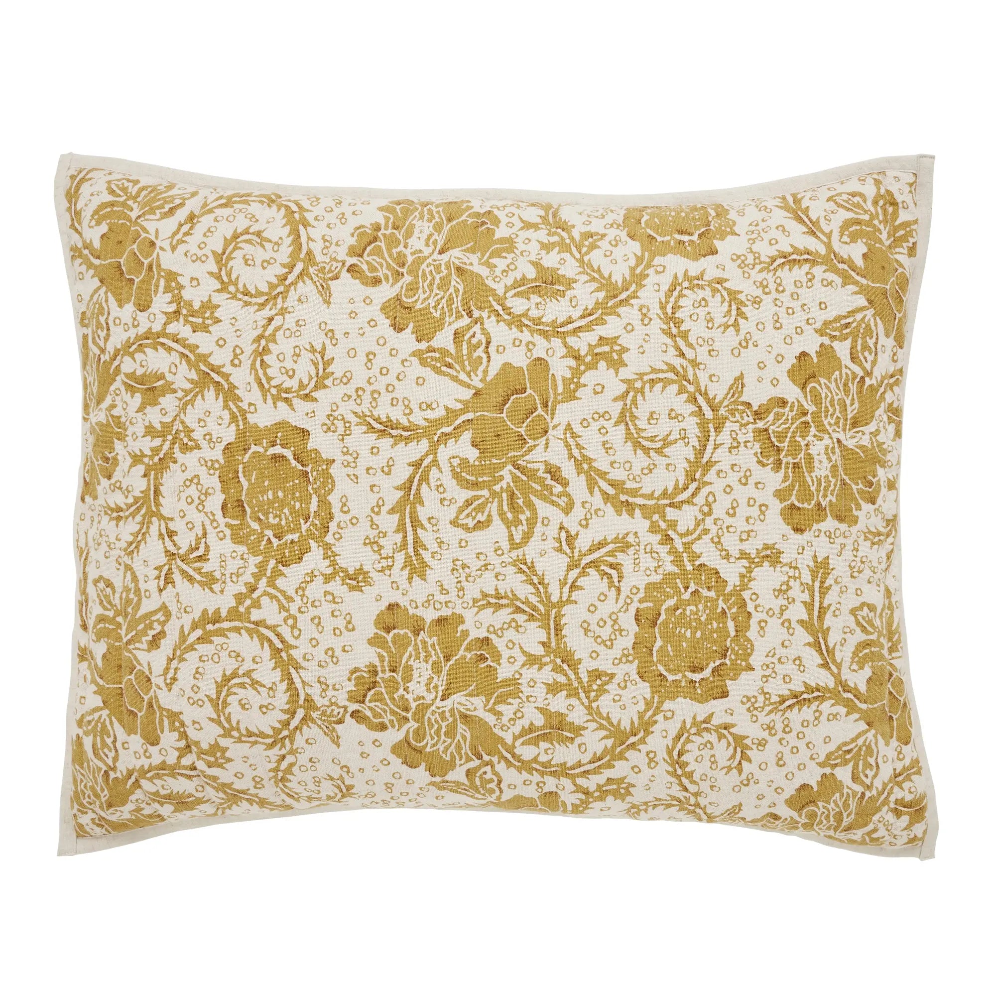 A square decorative throw pillow featuring a gold floral and vine pattern on an off-white background, shown against a plain white studio background.