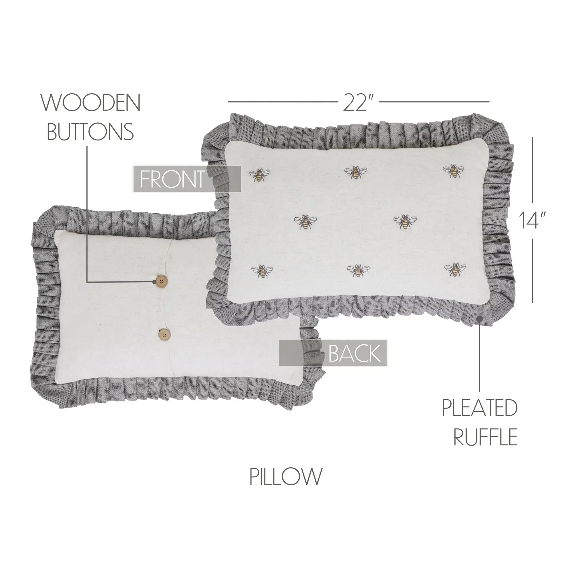 Farmhouse bee pillow with gray pleated ruffle trim and wooden buttons, 22x14 inches