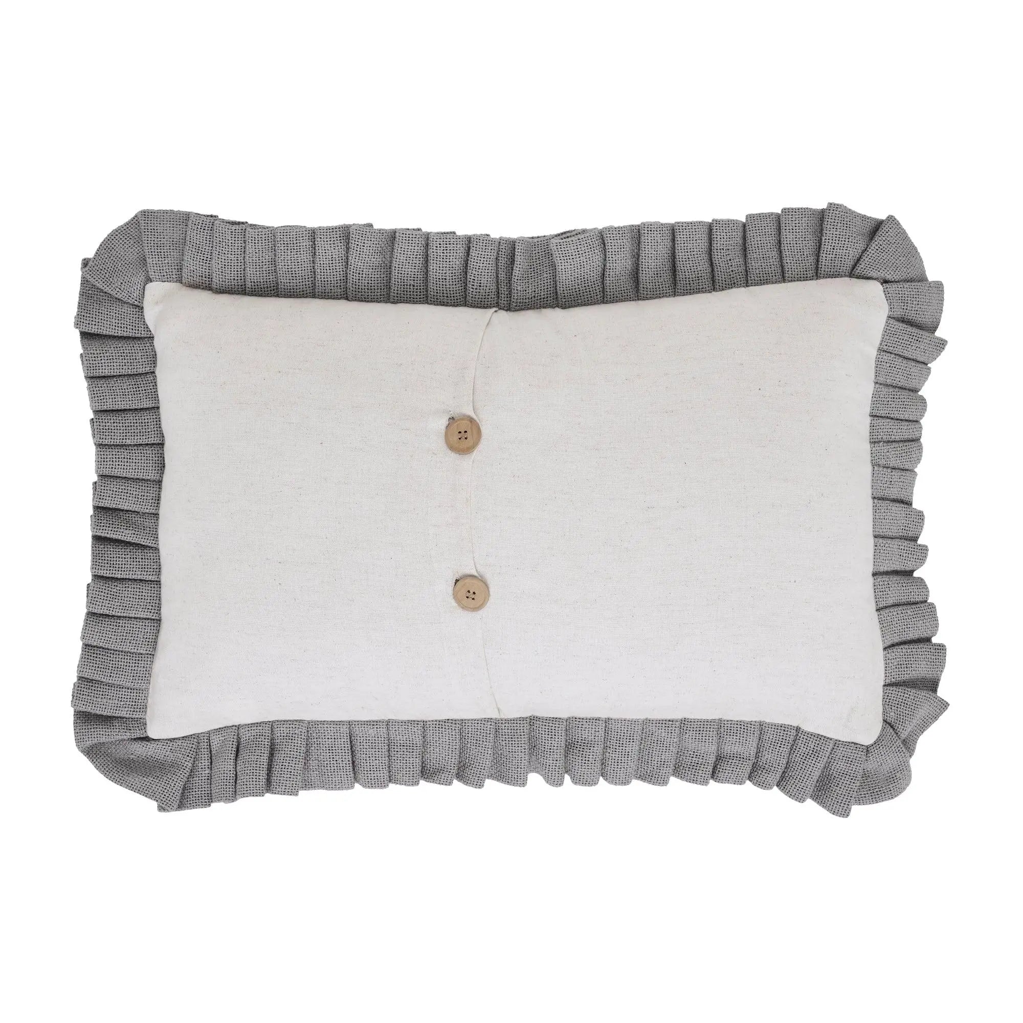 Gray ruffled farmhouse pillow with cream center and wooden buttons, cozy cottage decor accent
