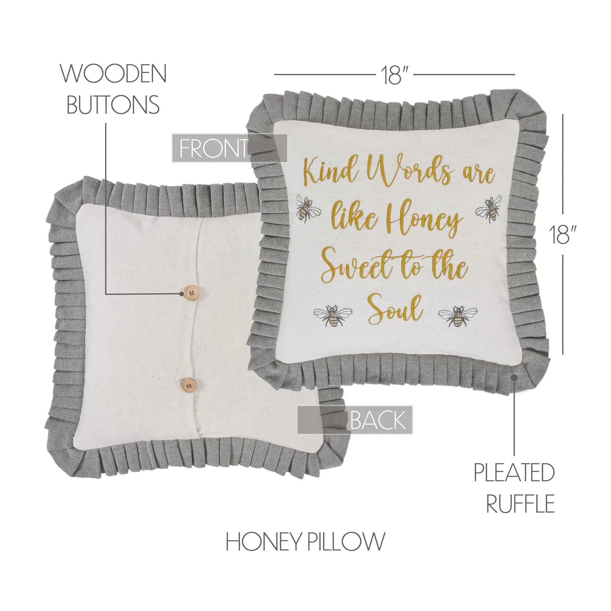 Honey pillow with text and buttons, shown from front and back views with measurements.
