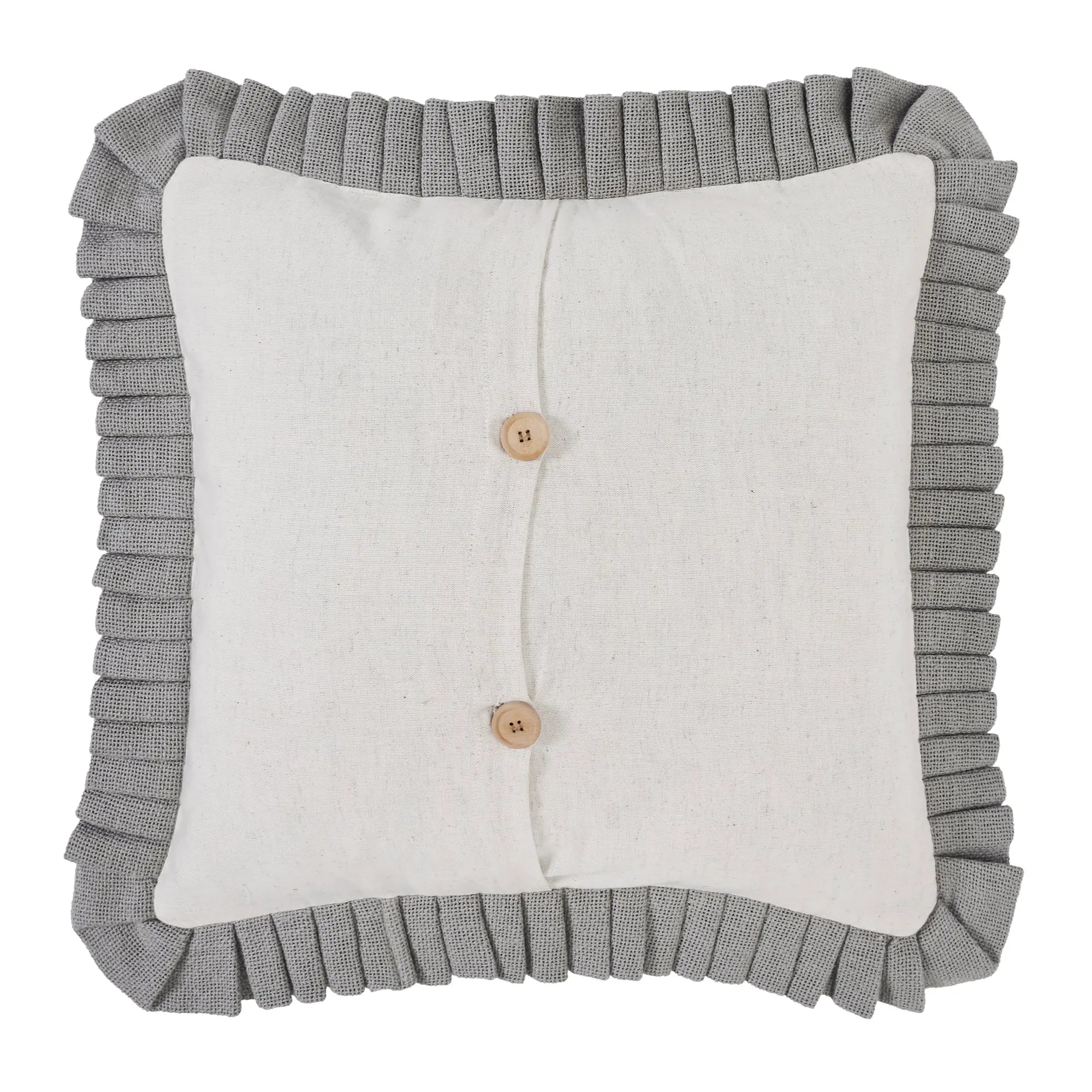 Decorative pillow with ruffled gray border and button details on a white background
