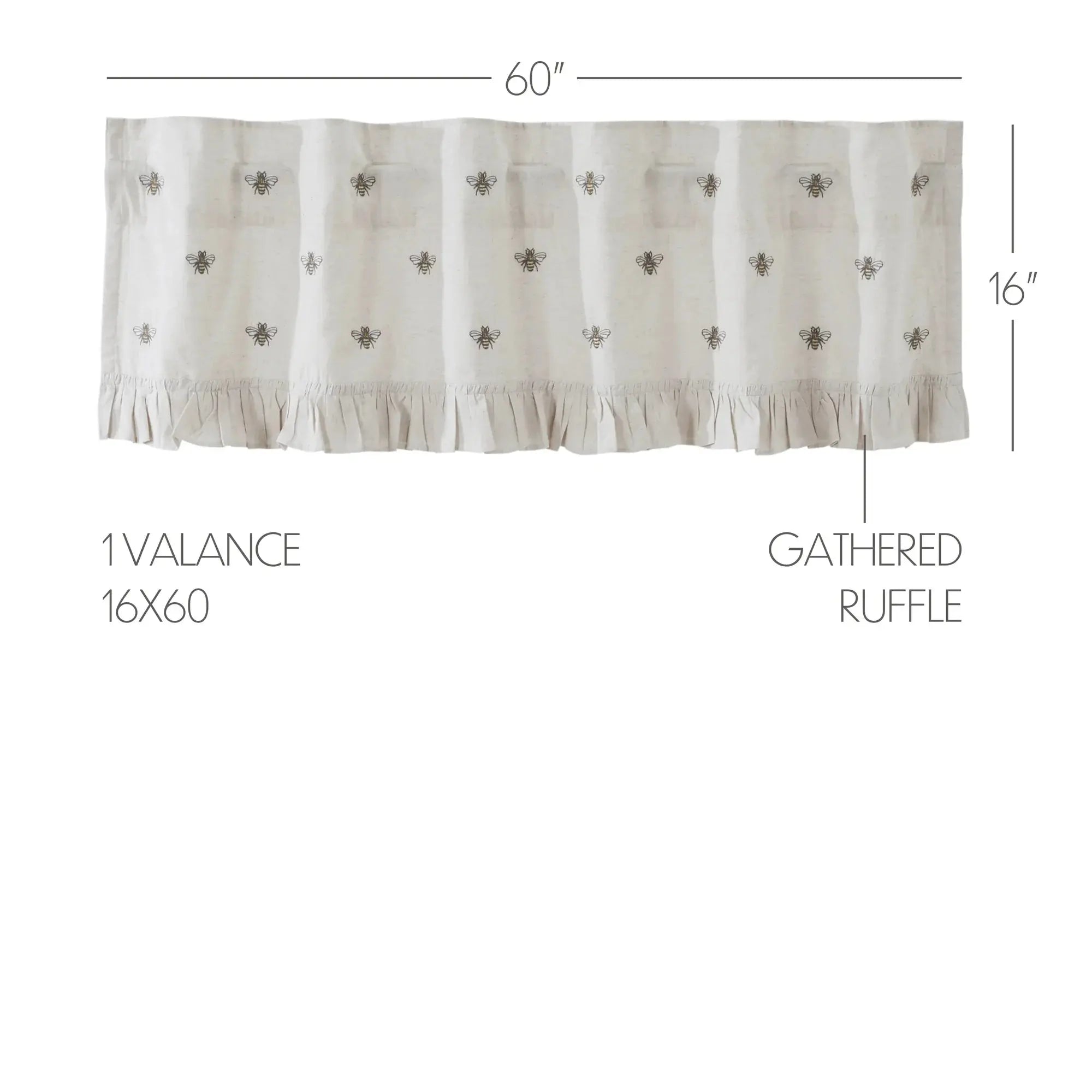 Cream bee-embroidered valance with gathered ruffle, 16x60 inches, farmhouse cottage style window decor