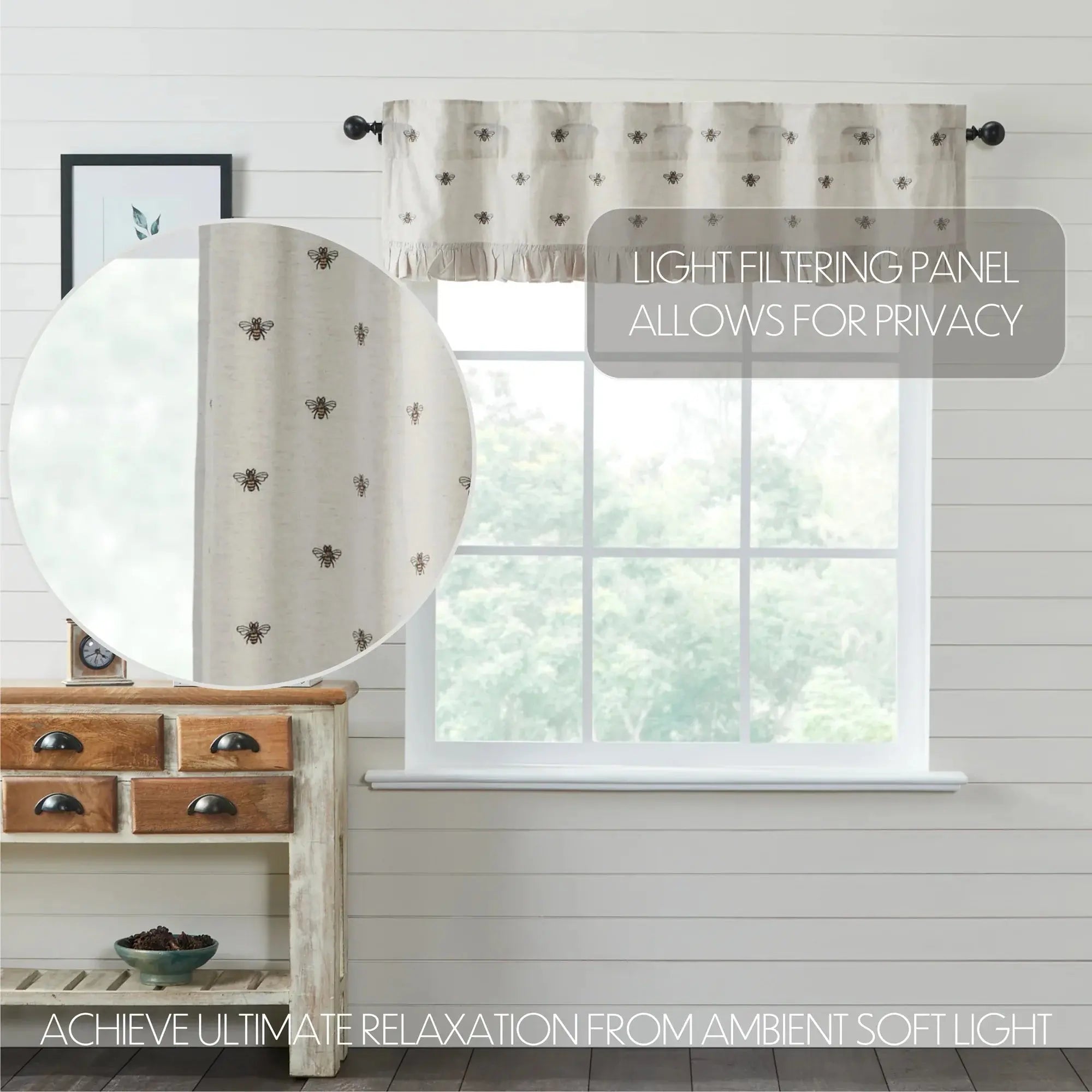 Bees patterned farmhouse curtain valance with light filtering privacy, cozy cottage window decor