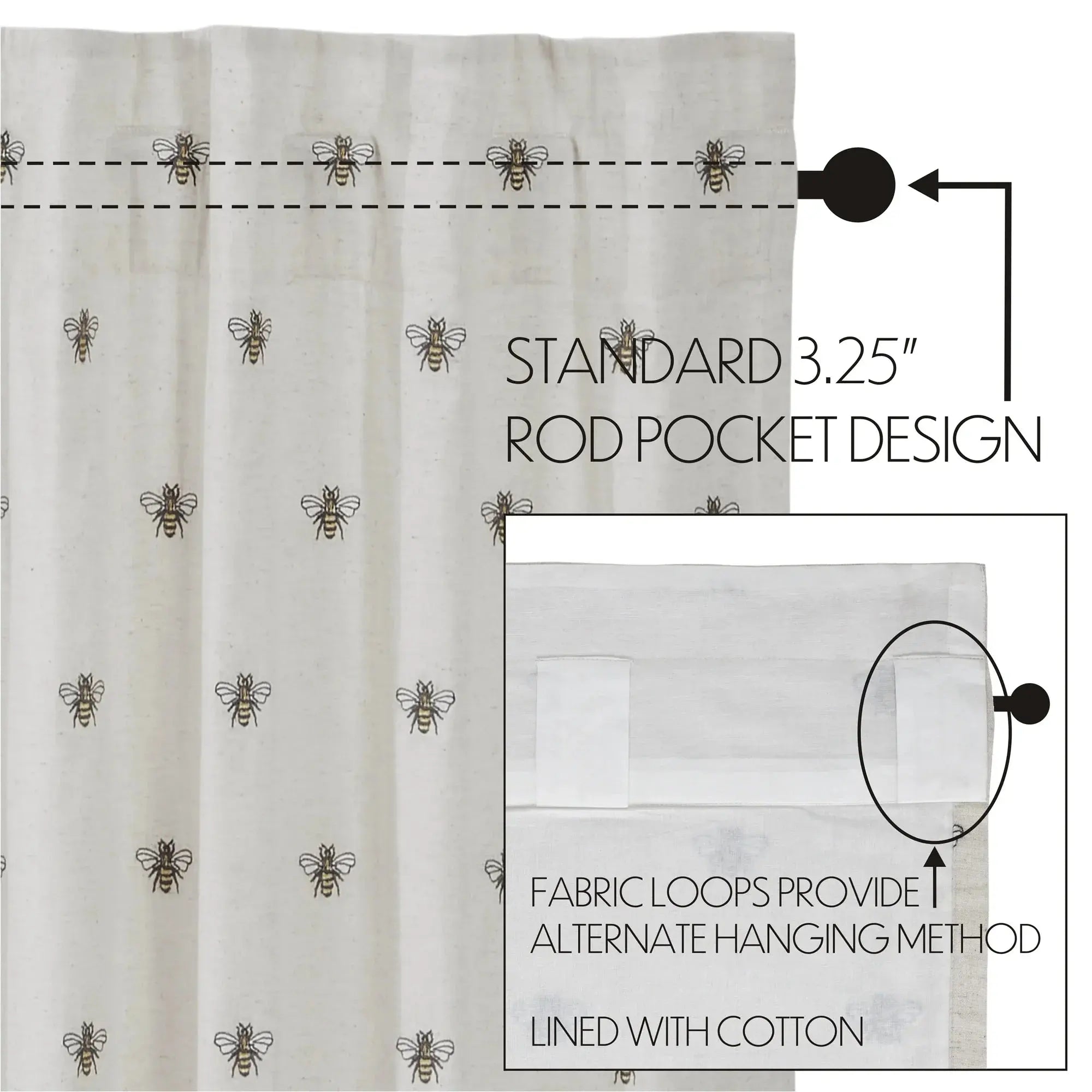 Bees print farmhouse curtain with rod pocket & fabric loops, cotton lined for cozy cottage decor