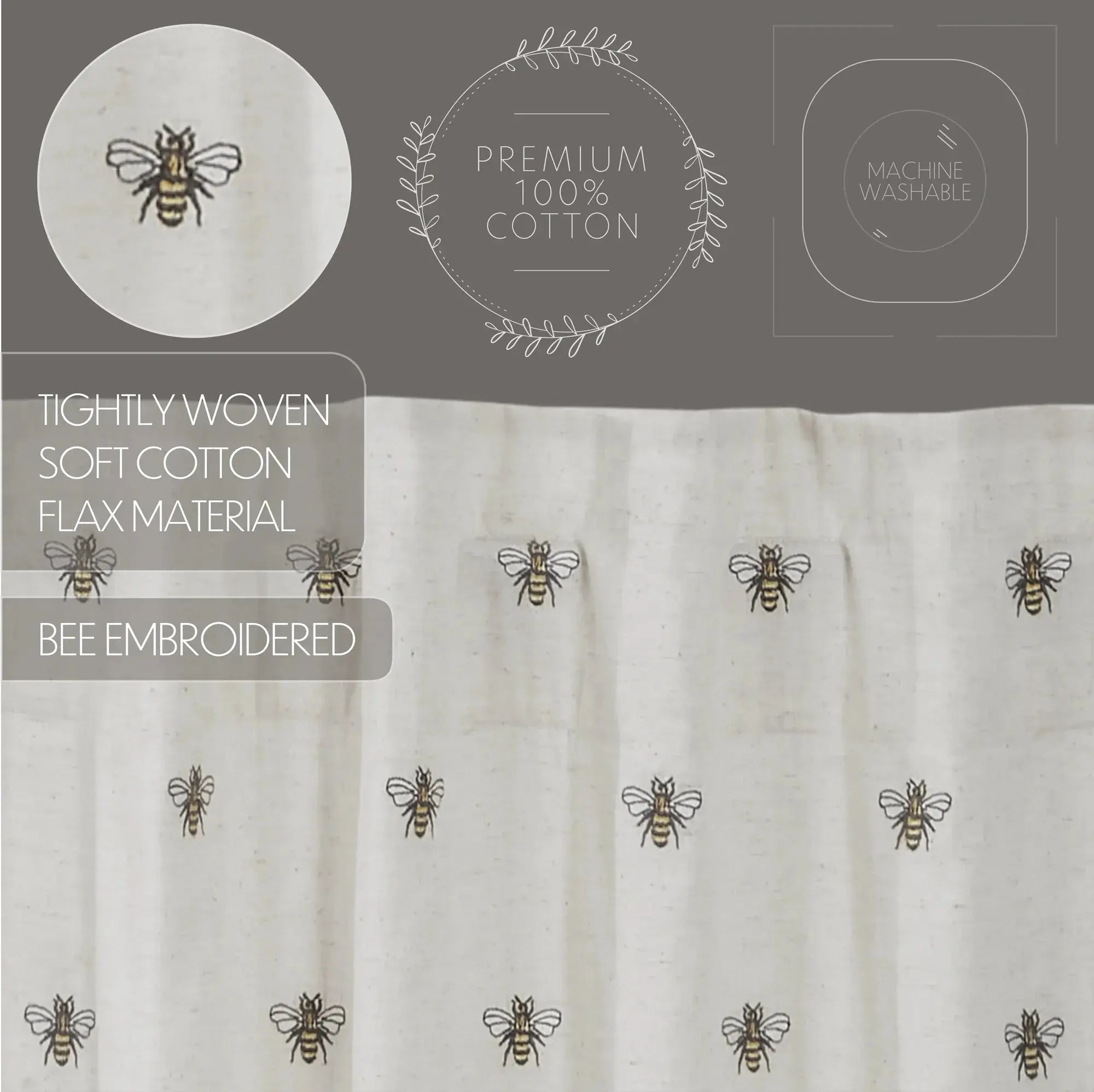 Bee-embroidered farmhouse curtain in soft cotton flax, machine washable, cozy cottage decor