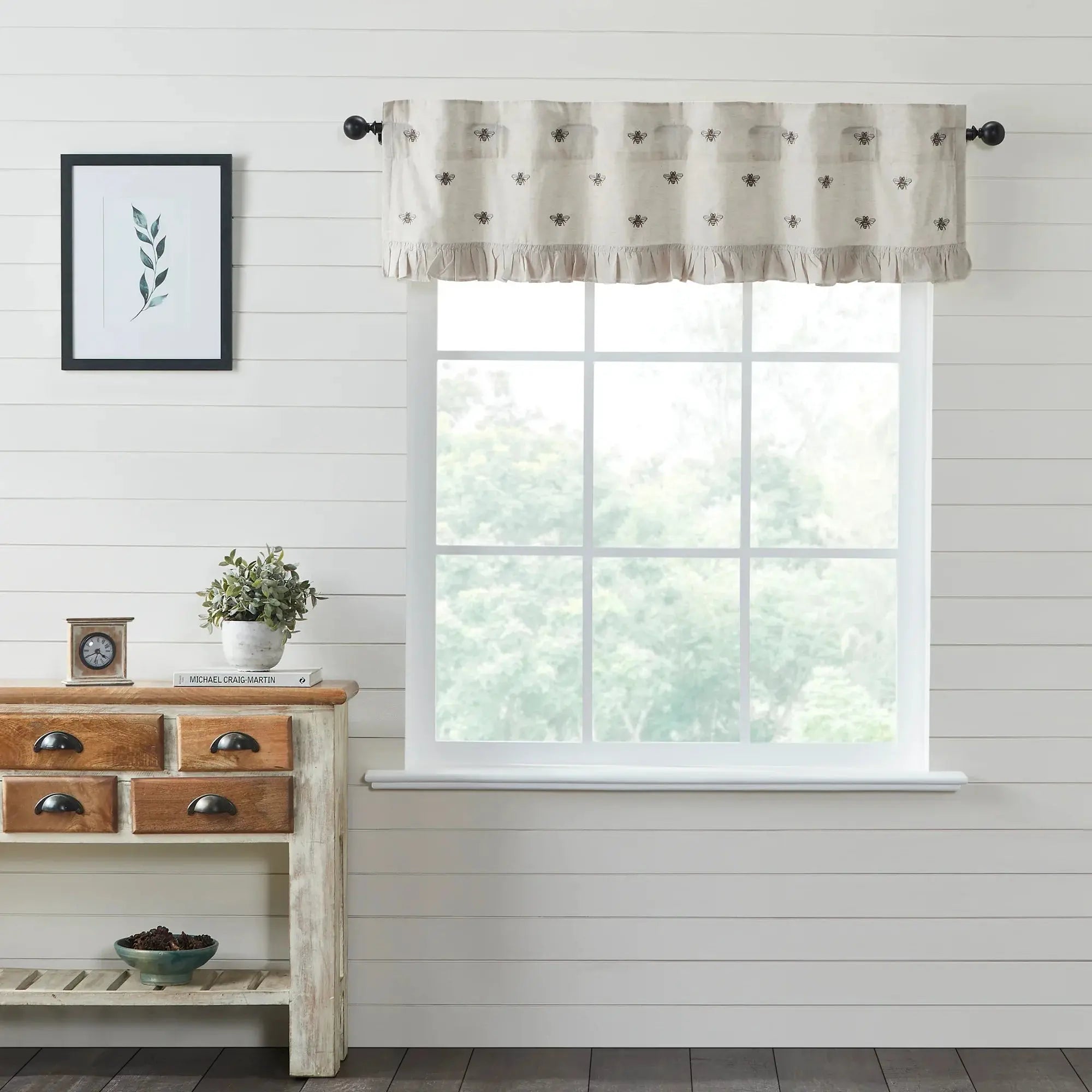 Beige bee-embroidered farmhouse window valance with ruffle, styled in cozy cottage decor