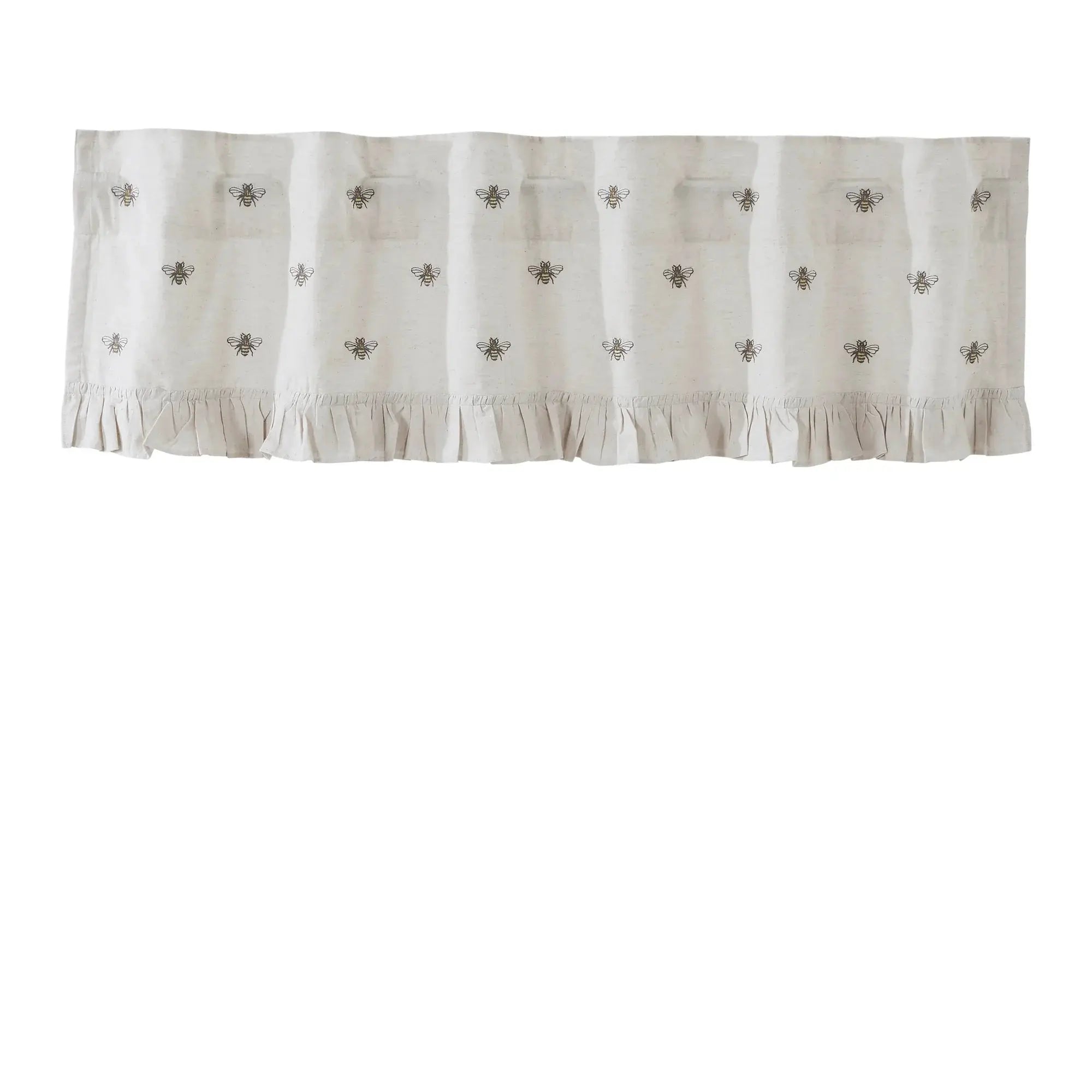 Cream bee print valance with ruffled edge, farmhouse cottage style window decor