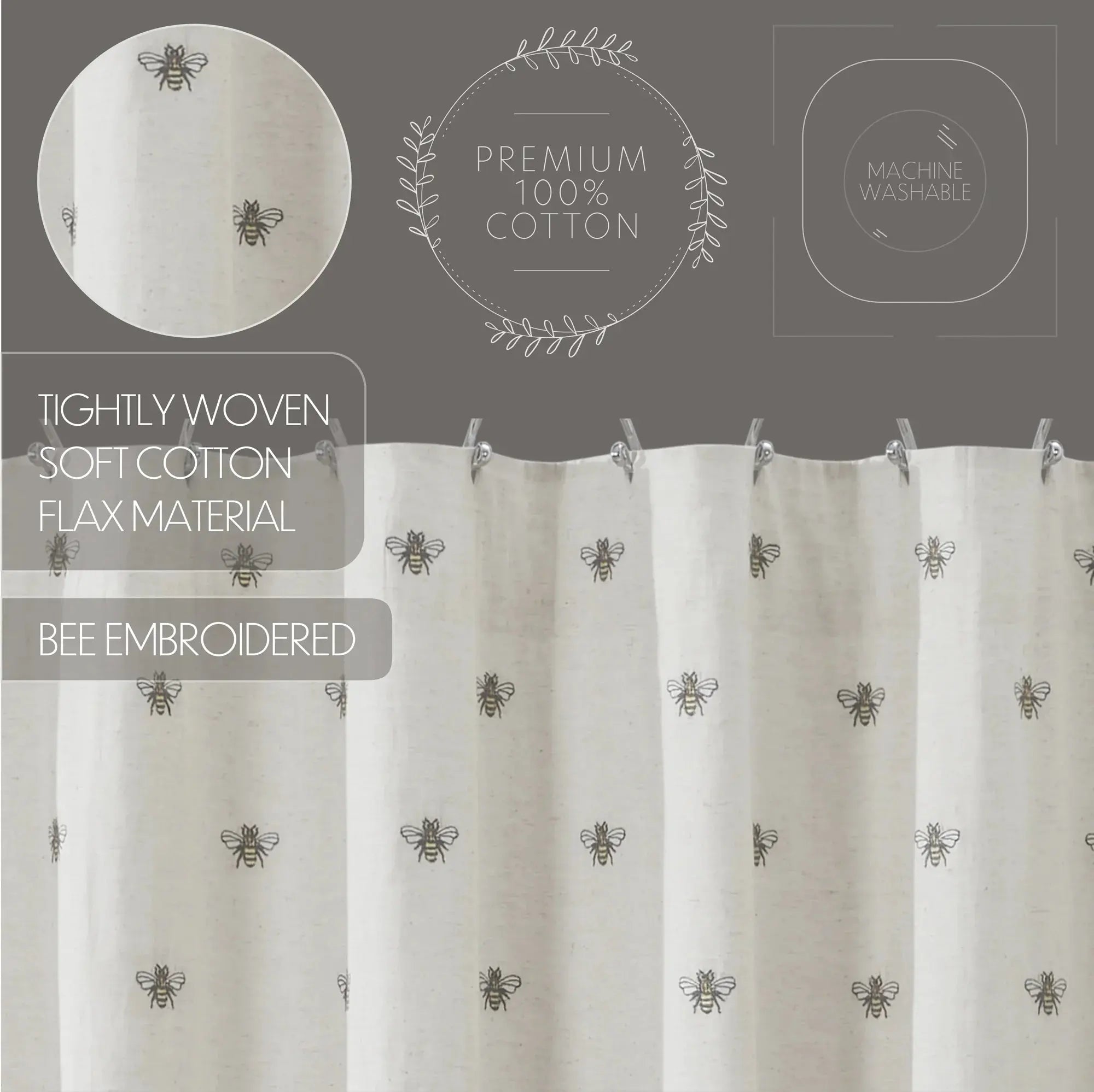 Curtain with bee embroidery and text about material and care on a gray background