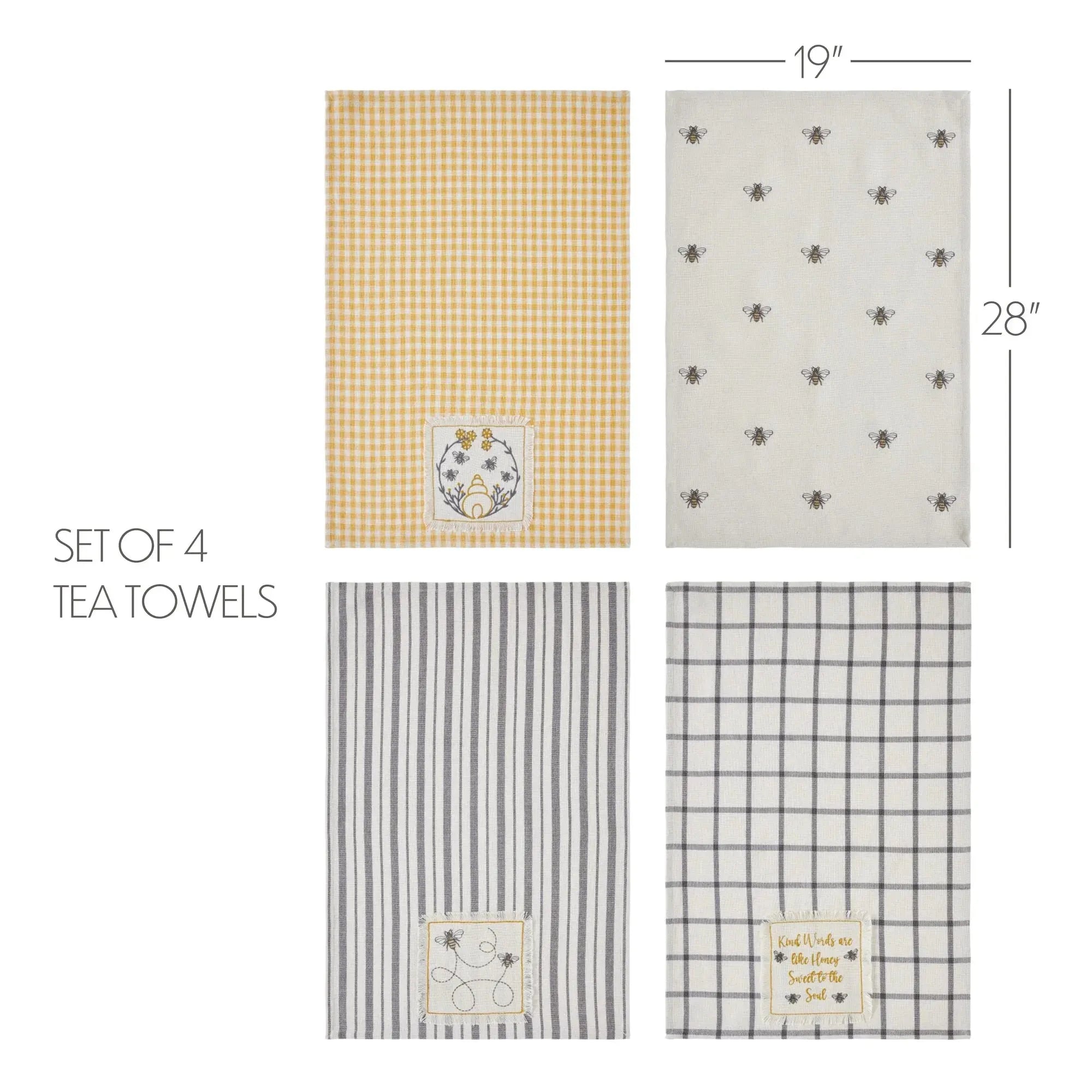 Set of 4 farmhouse tea towels with bee motifs, gingham, stripes, and plaid patterns for cozy kitchen decor