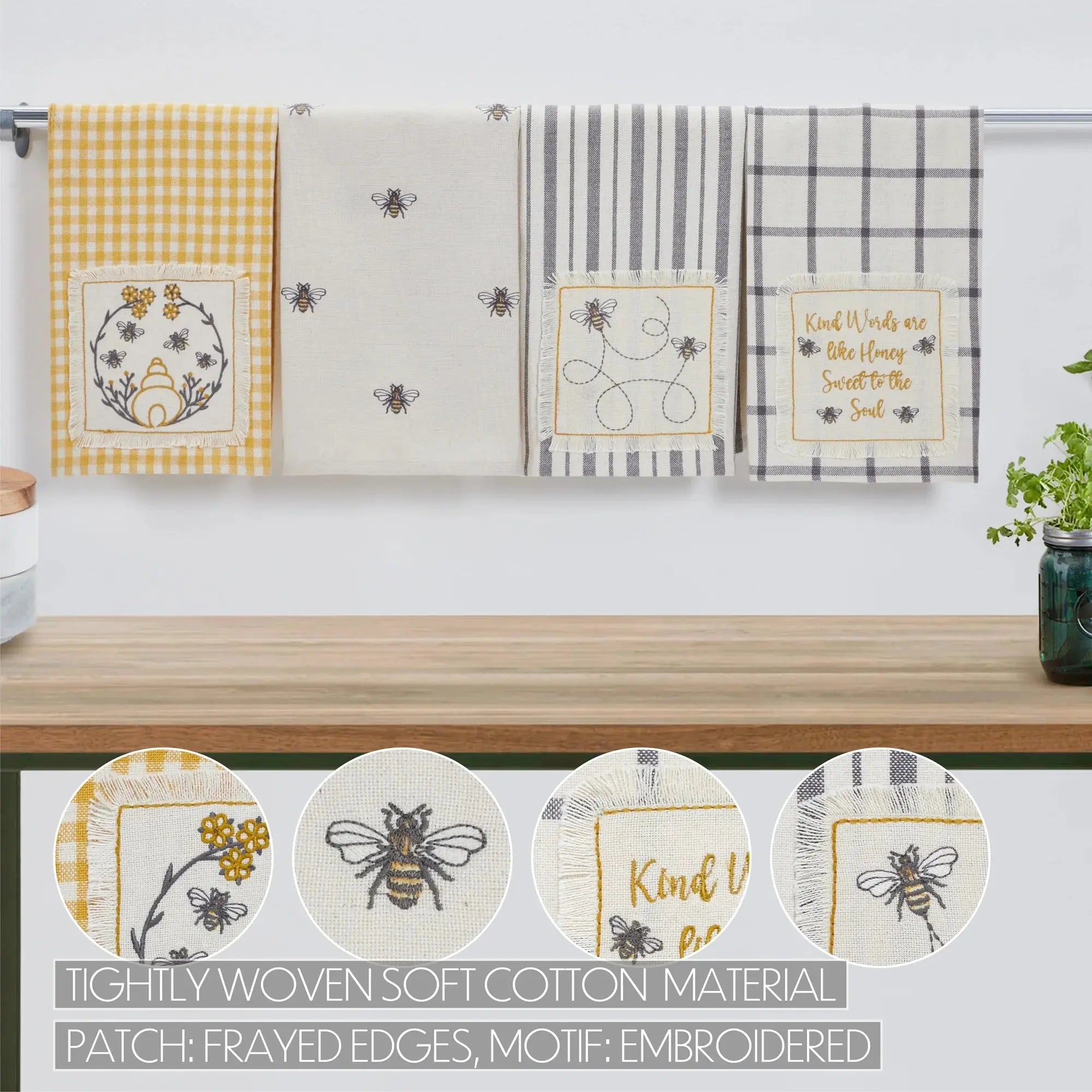 Cozy farmhouse kitchen towels with bee embroidery, gingham, stripes, and frayed patch designs on soft cotton