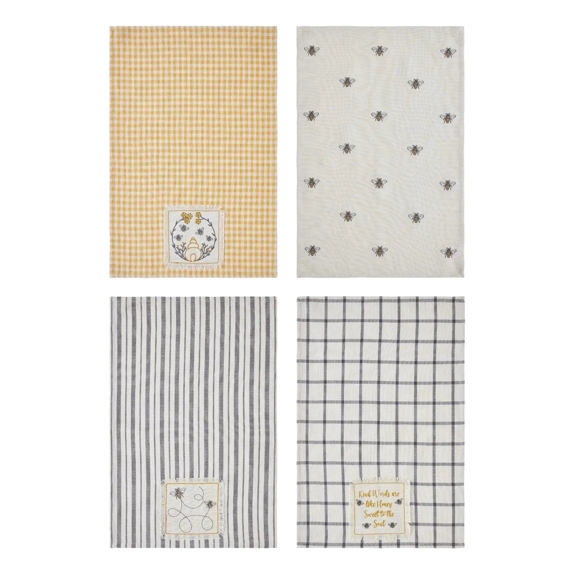 Set of 4 farmhouse kitchen towels with bee motifs, gingham, stripes, and honey-themed embroidery for cozy home decor