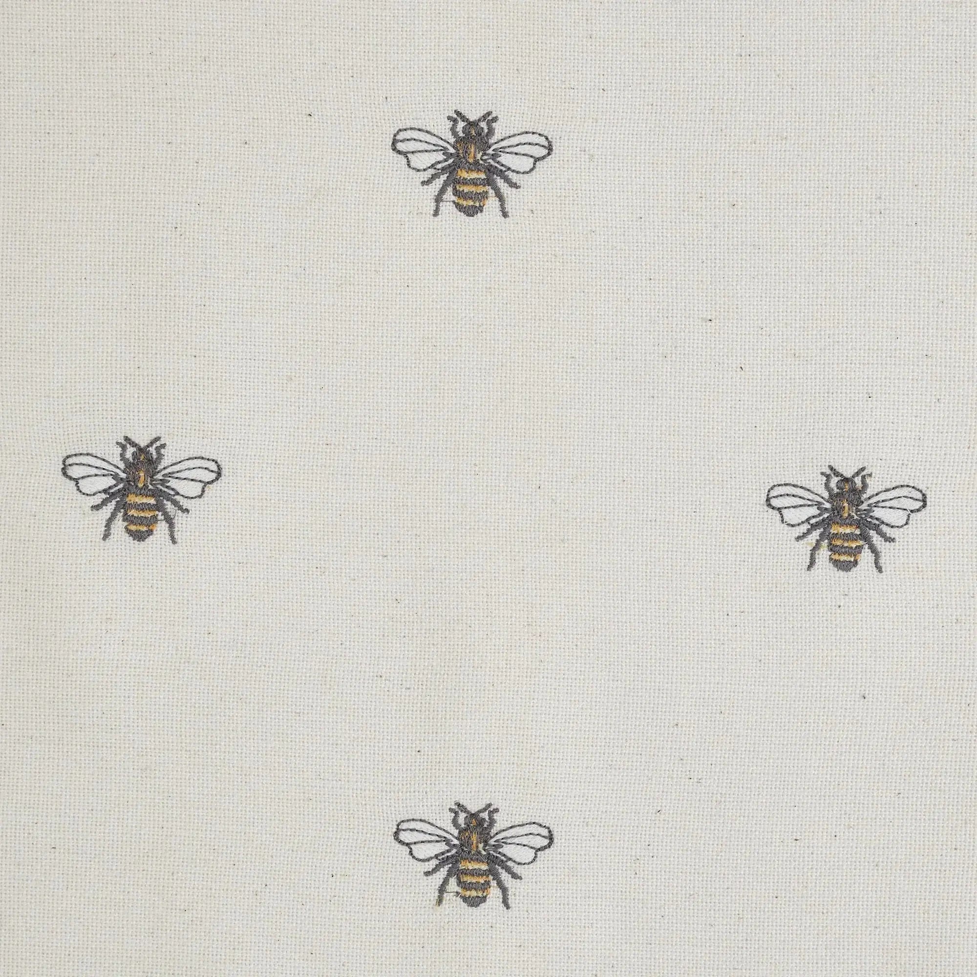 Embroidered bees on natural linen fabric, farmhouse cottage decor accent