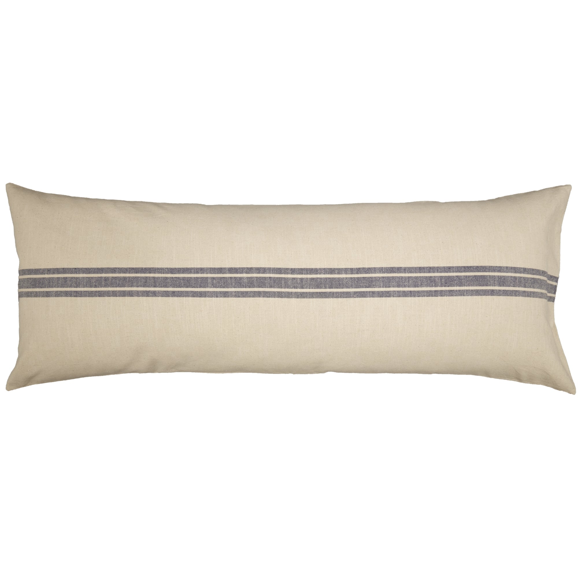 Beige pillow with two horizontal gray stripes on a white background