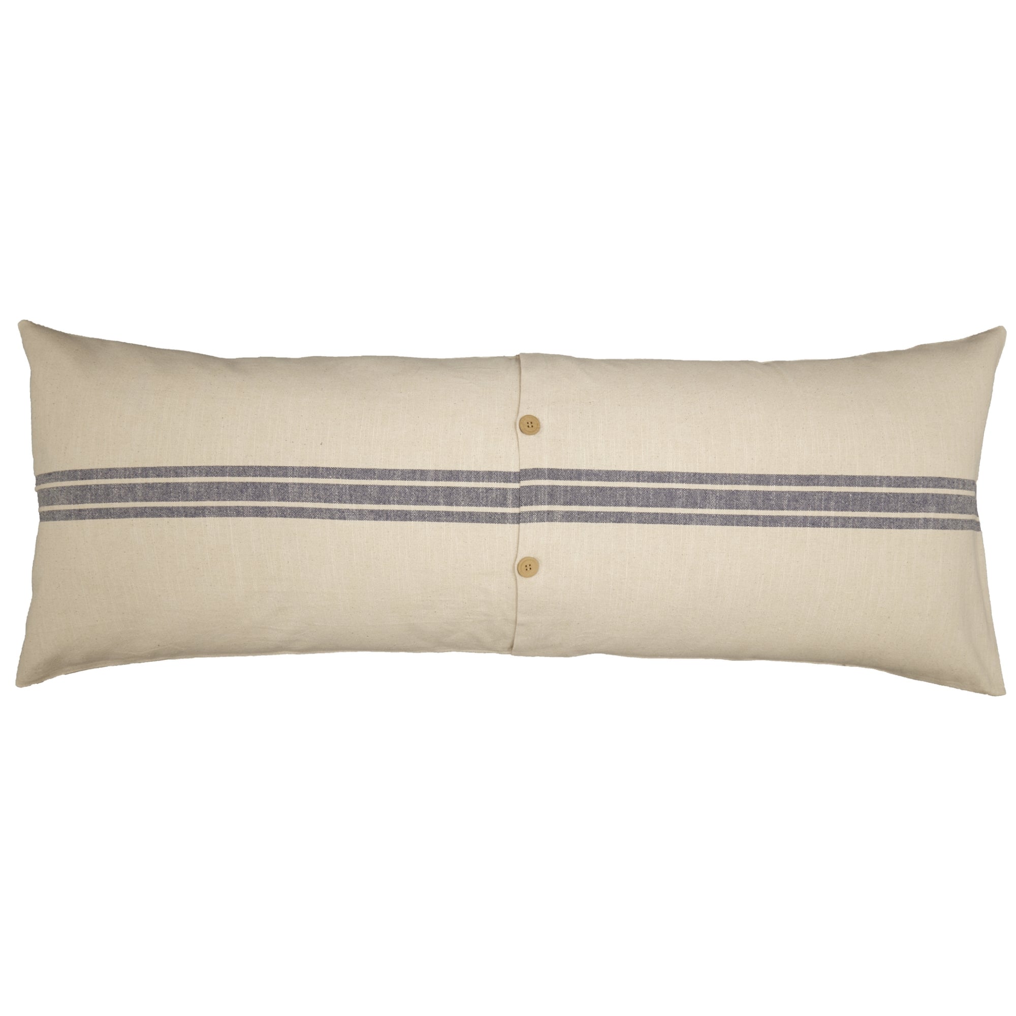 Beige body pillow with blue stripes and gold buttons on a white background
