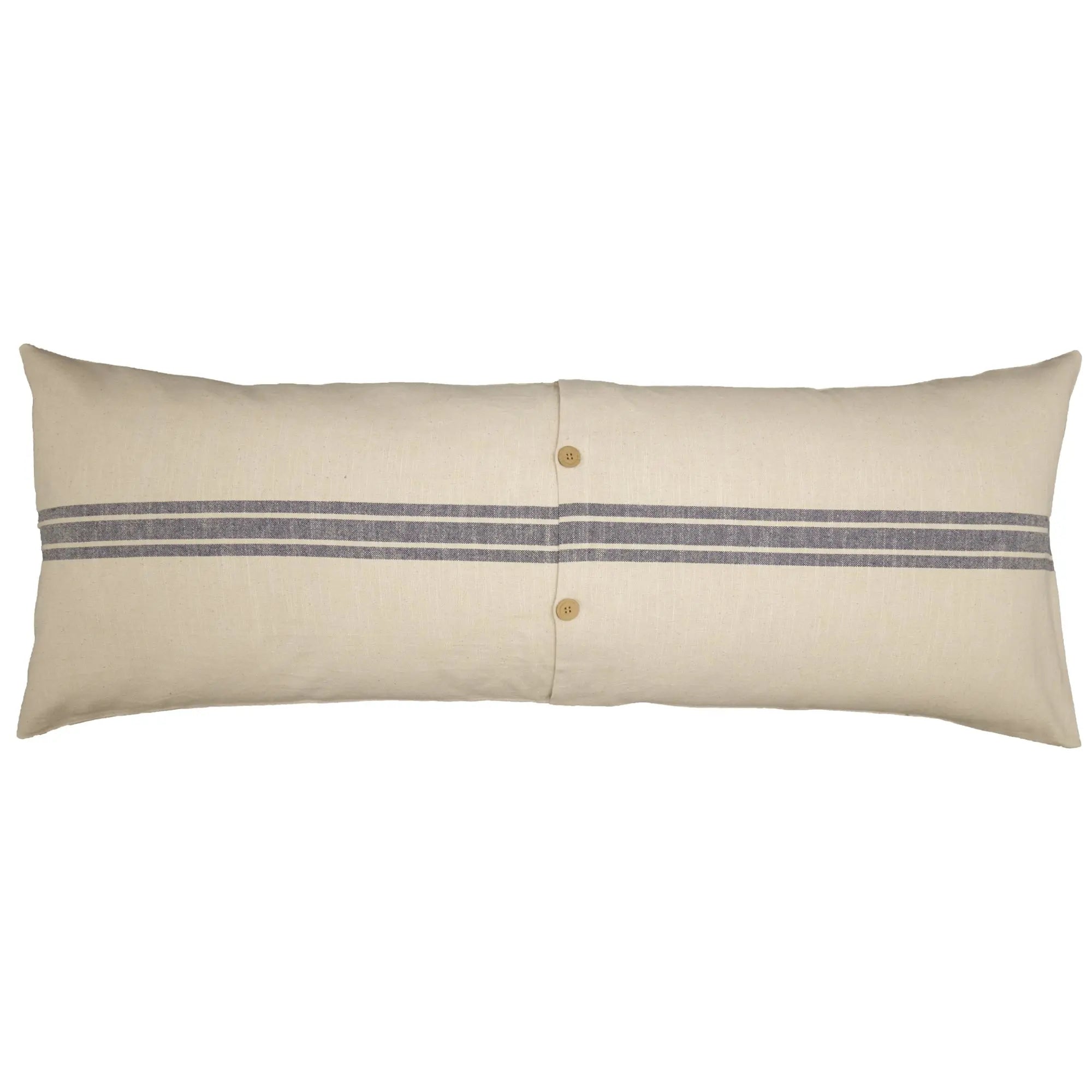 Beige body pillow with blue stripes and gold buttons on a white background