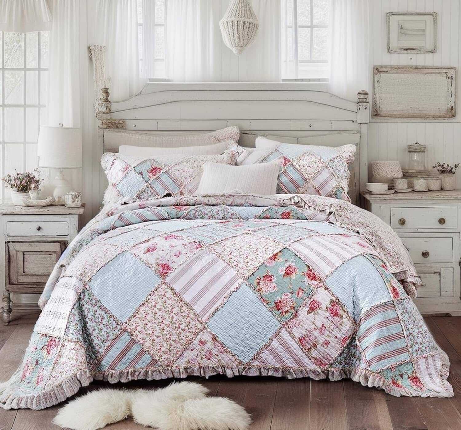 DaDa Bedding Hint of Mint Floral Pastel Cotton Patchwork Ruffle Bedspread Set (JHW-3036) DaDalogy Bedding Collection