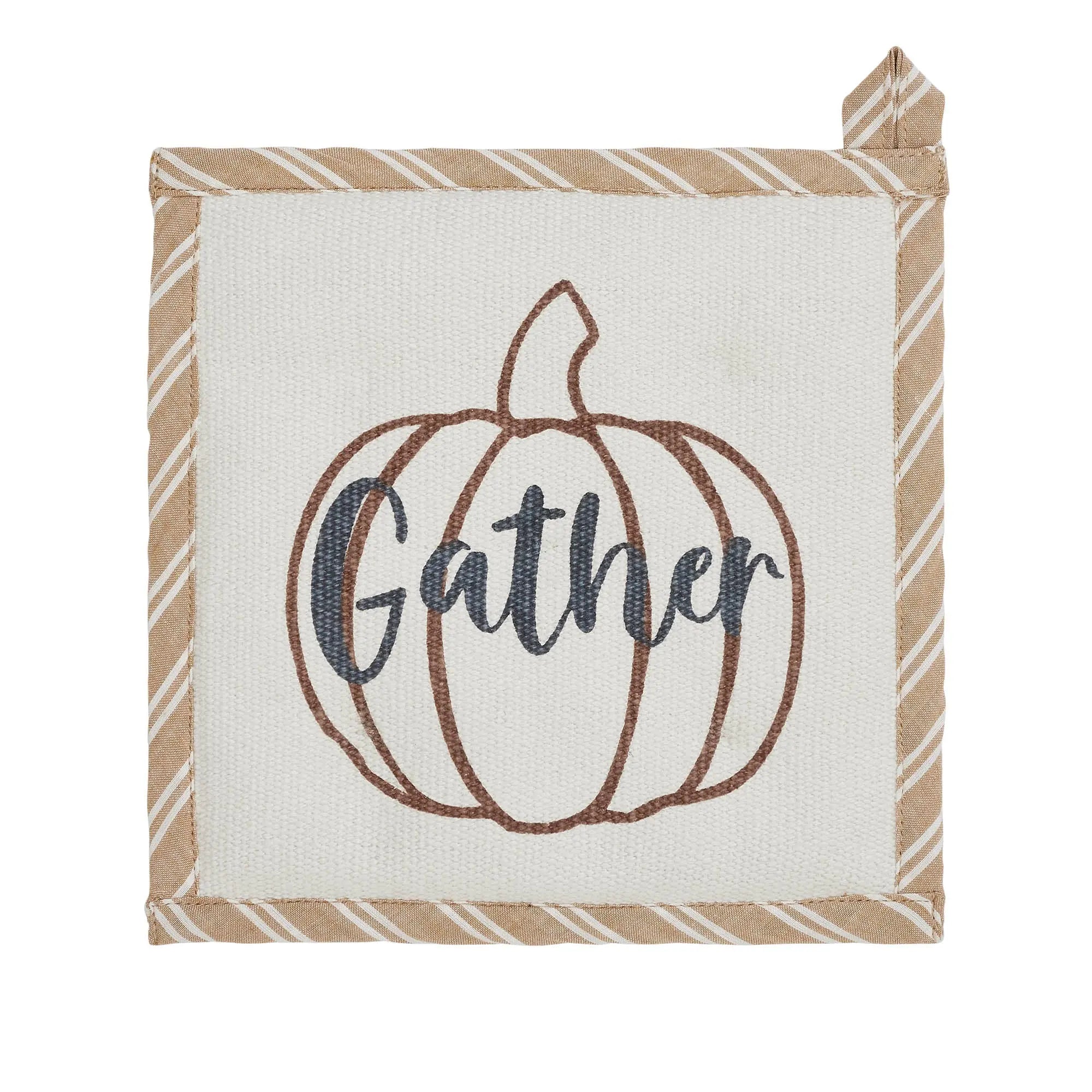 A square decorative textile piece with a cream center, a brown outlined pumpkin, the word “Gather” in dark gray script, and a tan-and-cream striped border. A small matching tab is attached at the top right, shown on a plain white background.
