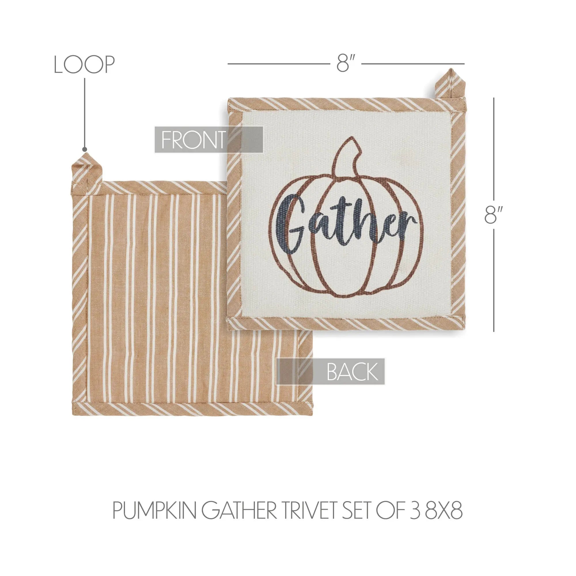 Pumpkin Gather trivet set shown with front and back views, labeled with dimensions 8 x 8 inches. The front side has a cream background with a brown outlined pumpkin and the word 'Gather' in script.