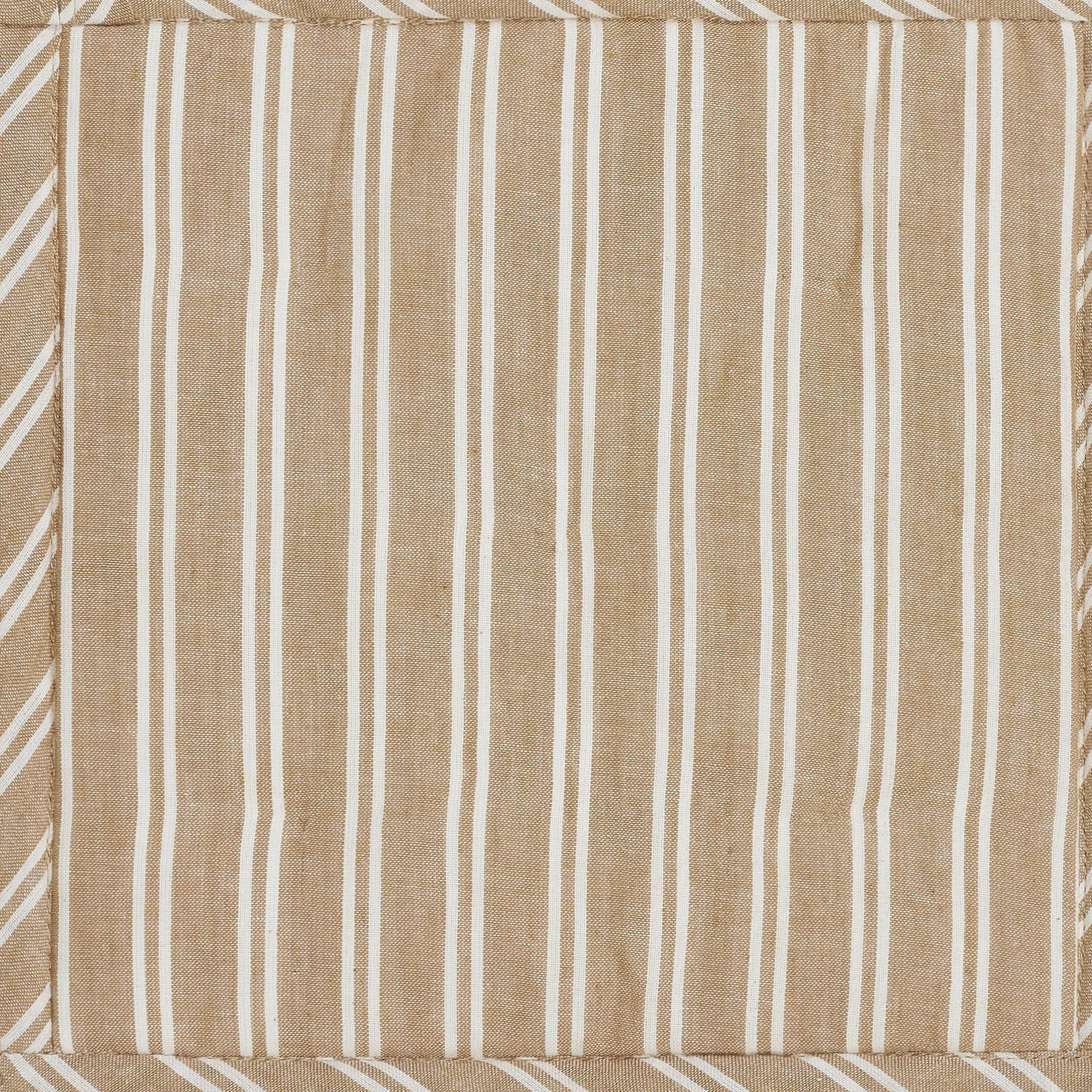 A square fabric napkin or placemat featuring a vertical stripe pattern in beige and white, with a matching stitched border.